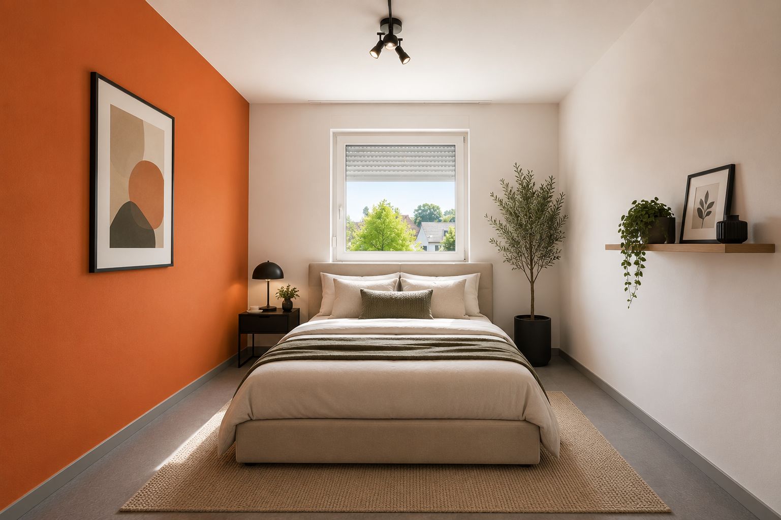 Modernes Schlafzimmer mit Doppelbett, orangener Wand, Pflanzen und Fenster mit Blick ins Grüne.