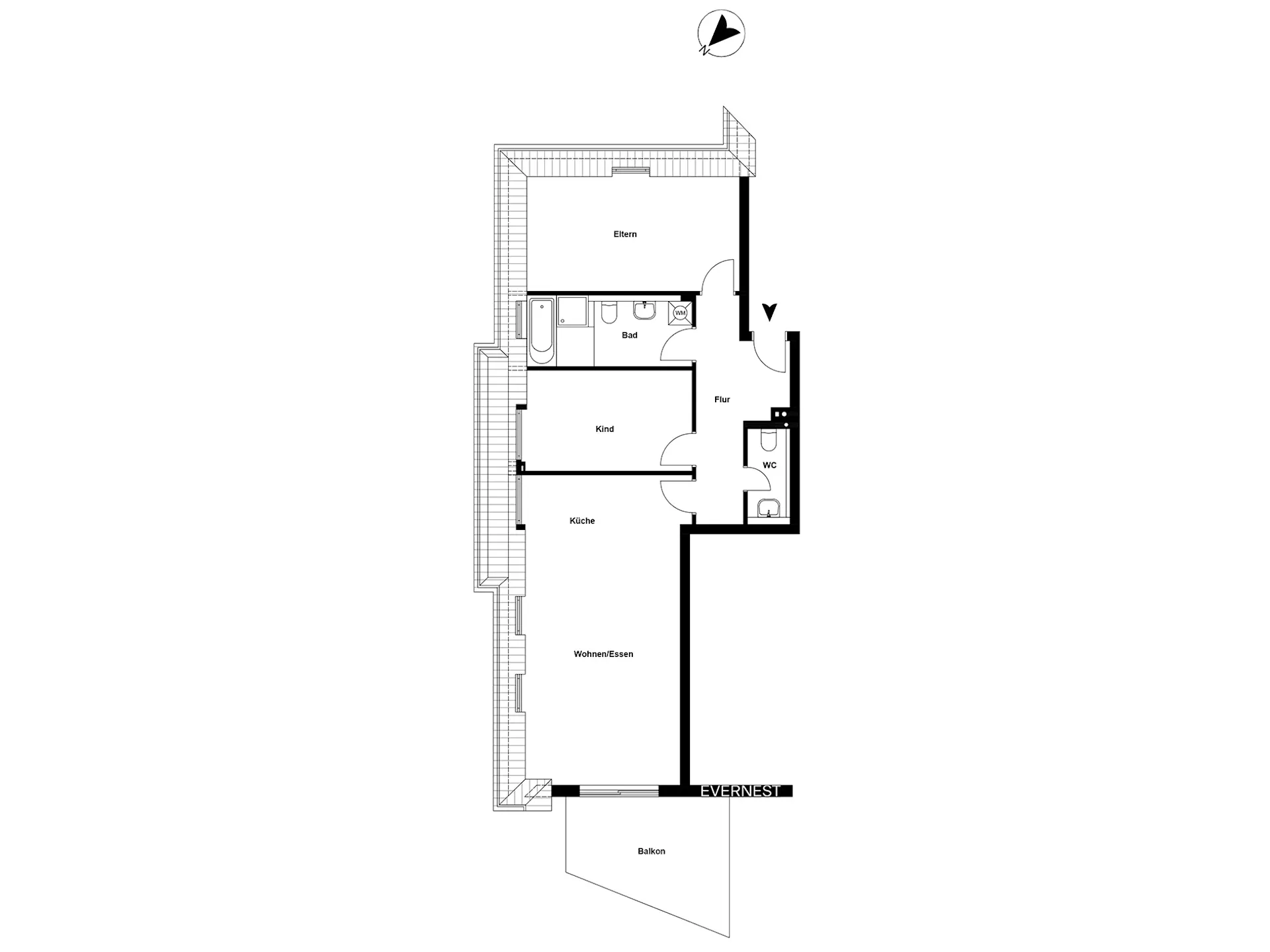 Grundriss einer Wohnung mit Schlafzimmer, Kinderzimmer, Bad, Küche, WC, Flur und Balkon.