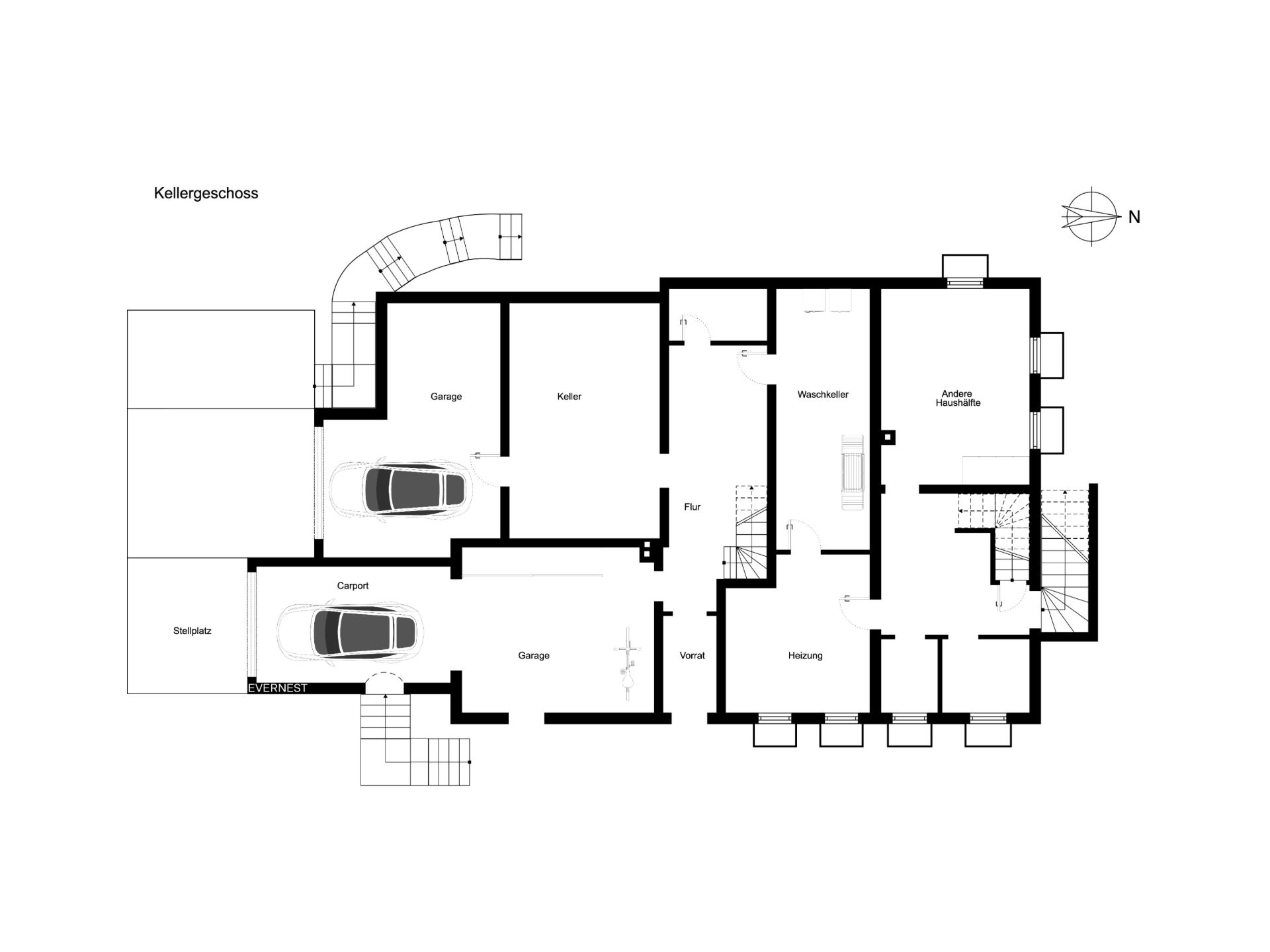 Grundriss eines Kellers mit Garage, Carport, Heizungsraum, Waschkeller und mehreren weiteren Räumen.