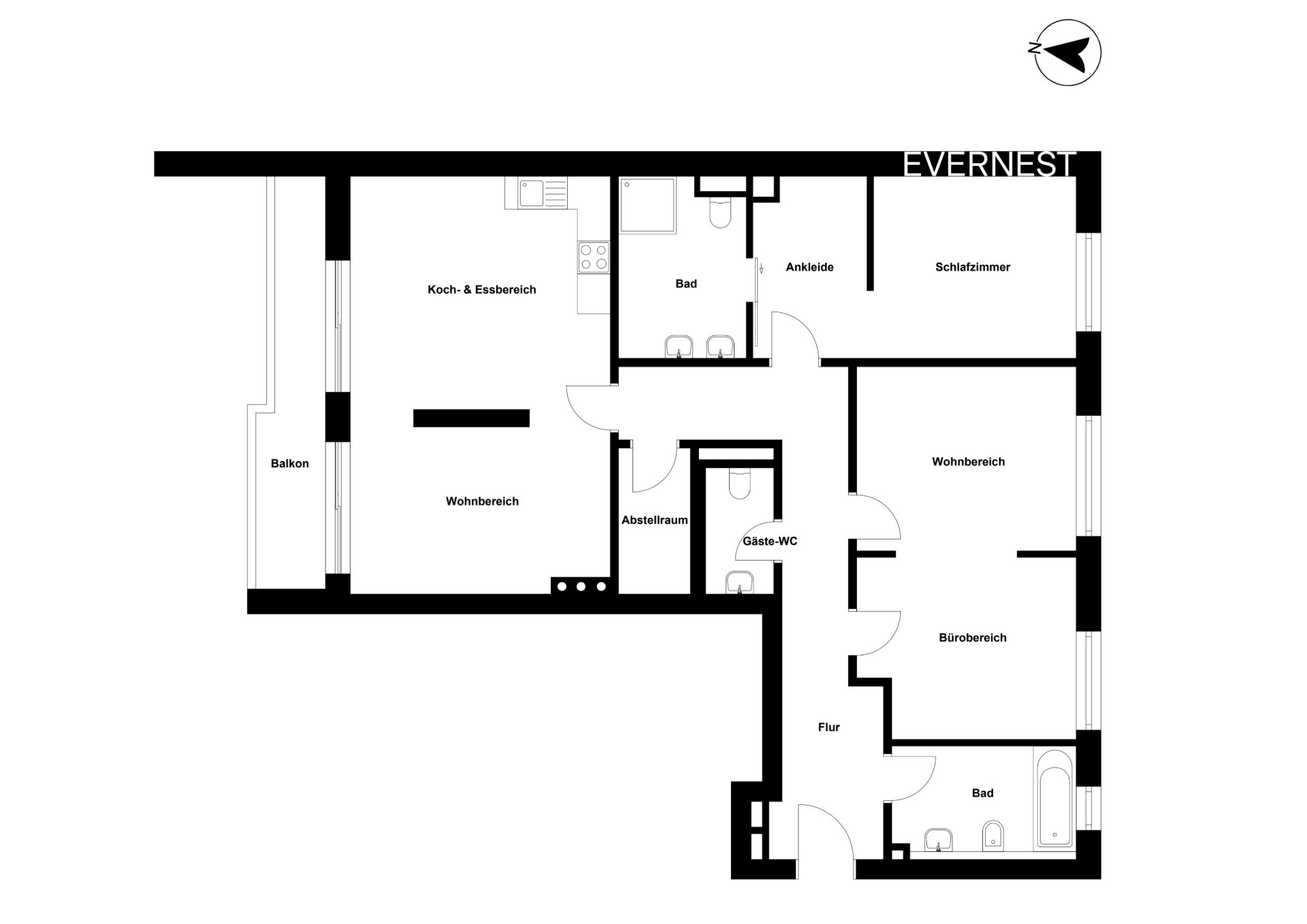 Grundriss einer Wohnung mit Balkon, zwei Bädern, Schlafzimmer, Wohn- und Essbereich sowie Bürobereich.