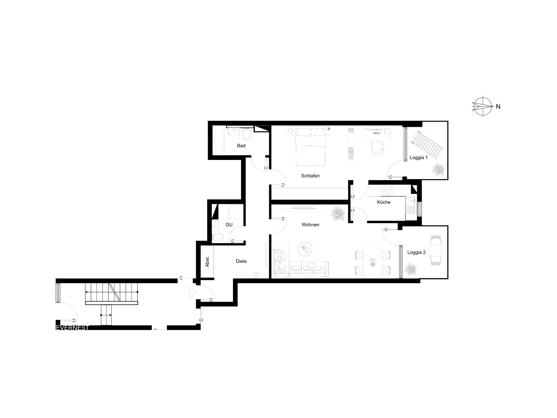 Grundriss einer Wohnung mit Schlaf-, Wohnzimmer, Küche, Bad, zwei Loggien und Flur.