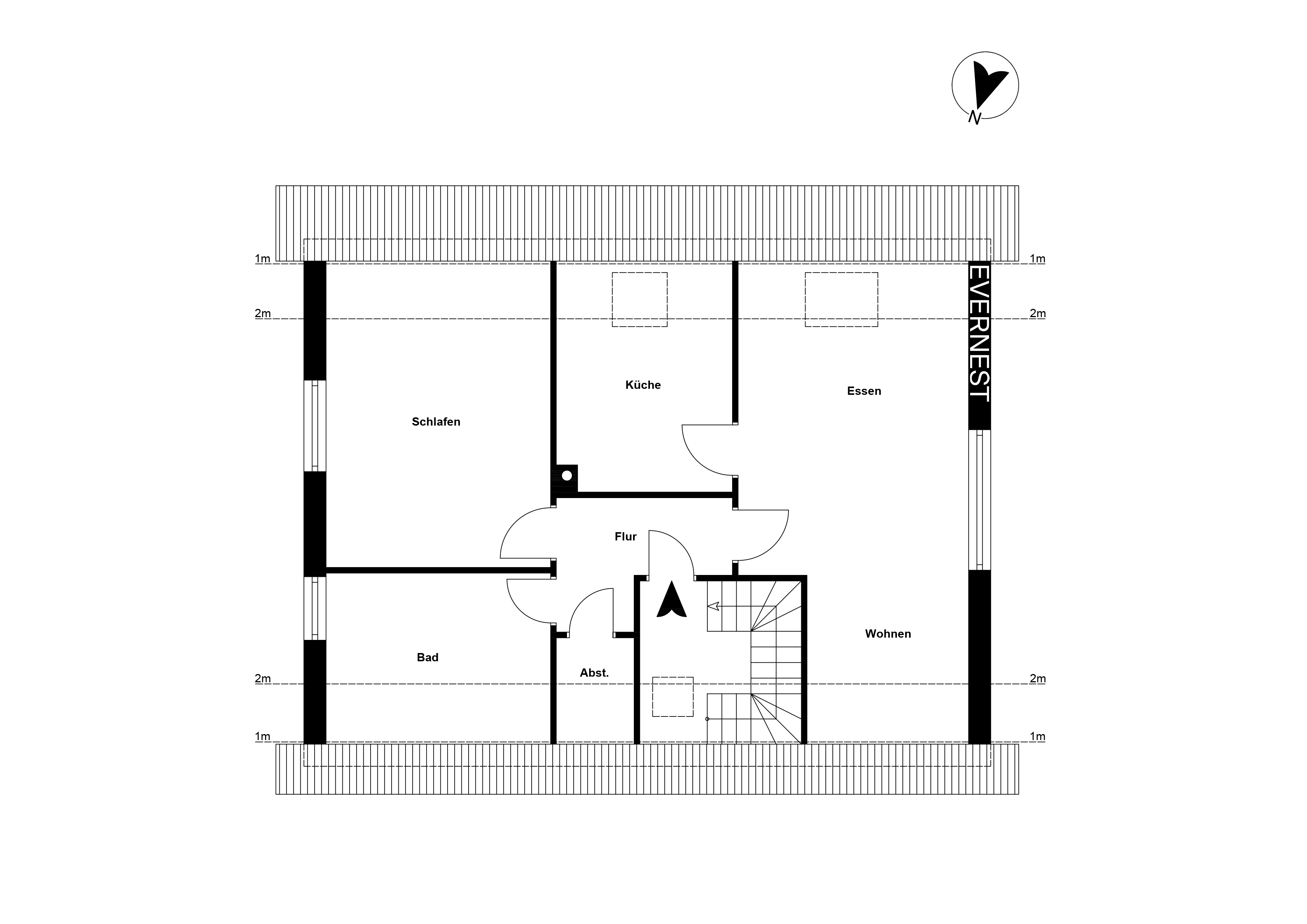 Grundriss mit Schlafzimmer, Küche, Essbereich, Wohnzimmer, Bad, Abstellraum und Flur.