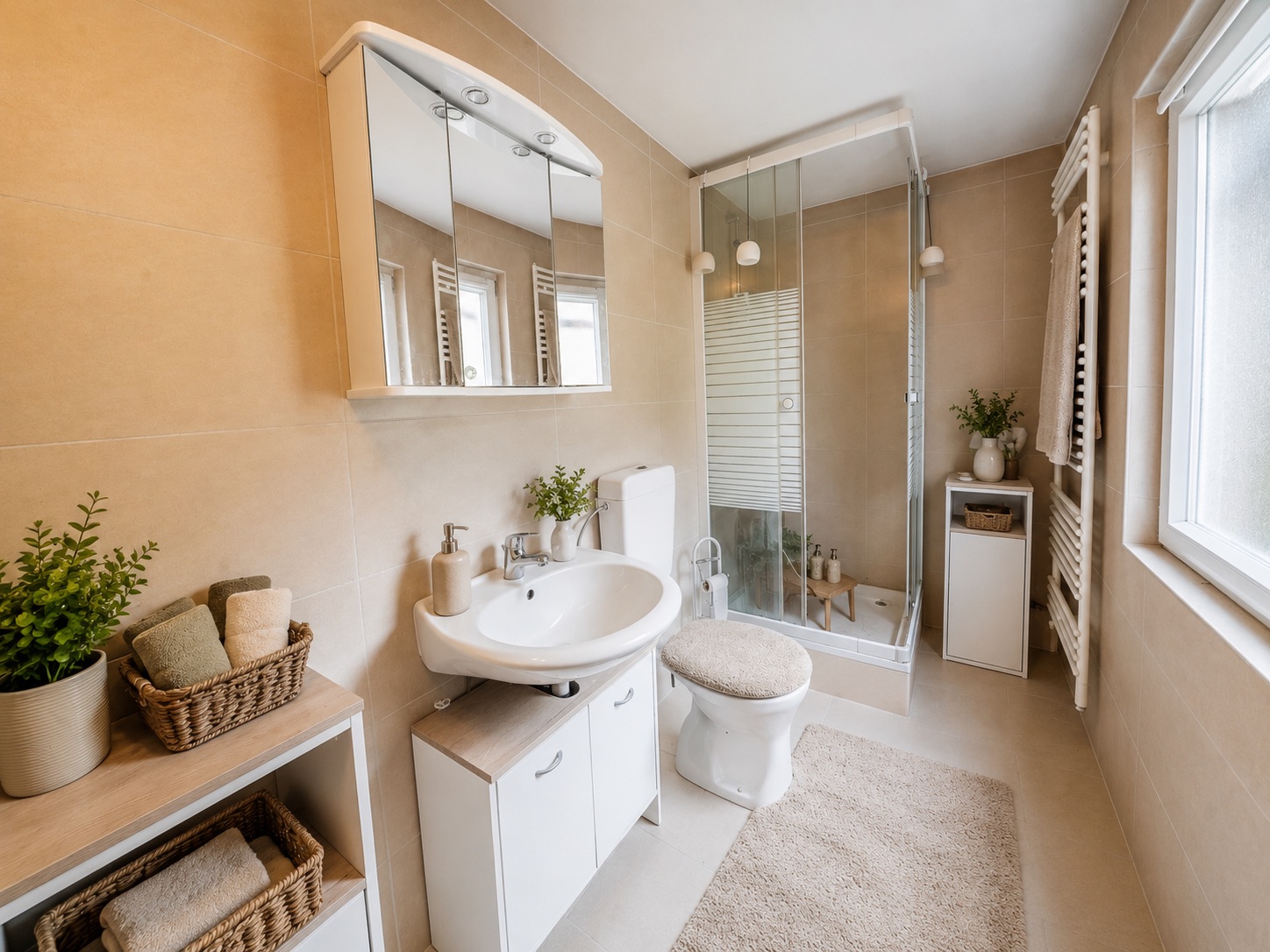 Modernes Badezimmer mit Dusche, Waschbecken, Spiegel, Toilette und Regalen mit Handtüchern.