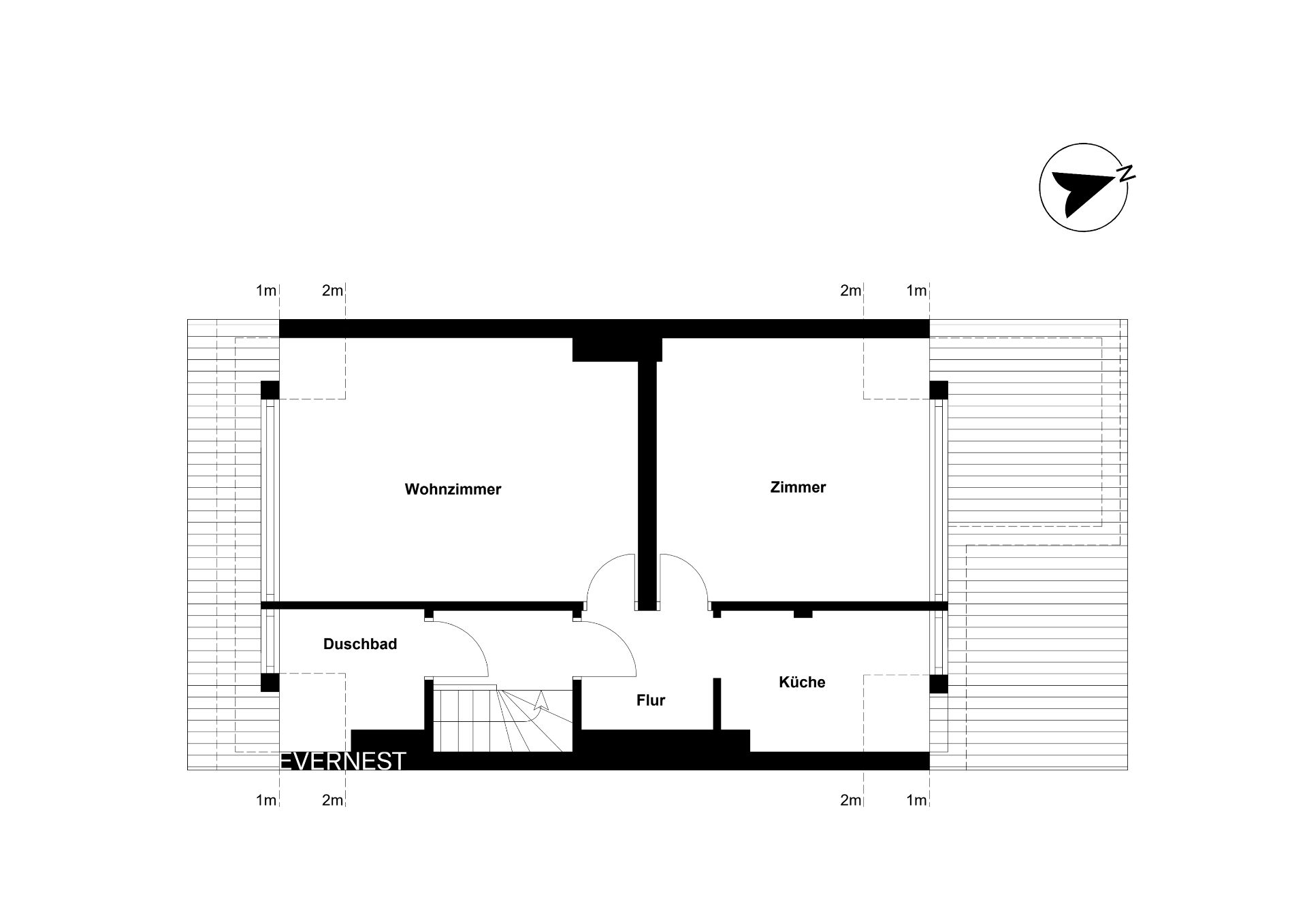 Grundriss einer Wohnung mit Wohnzimmer, Zimmer, Küche, Duschbad und Flur.