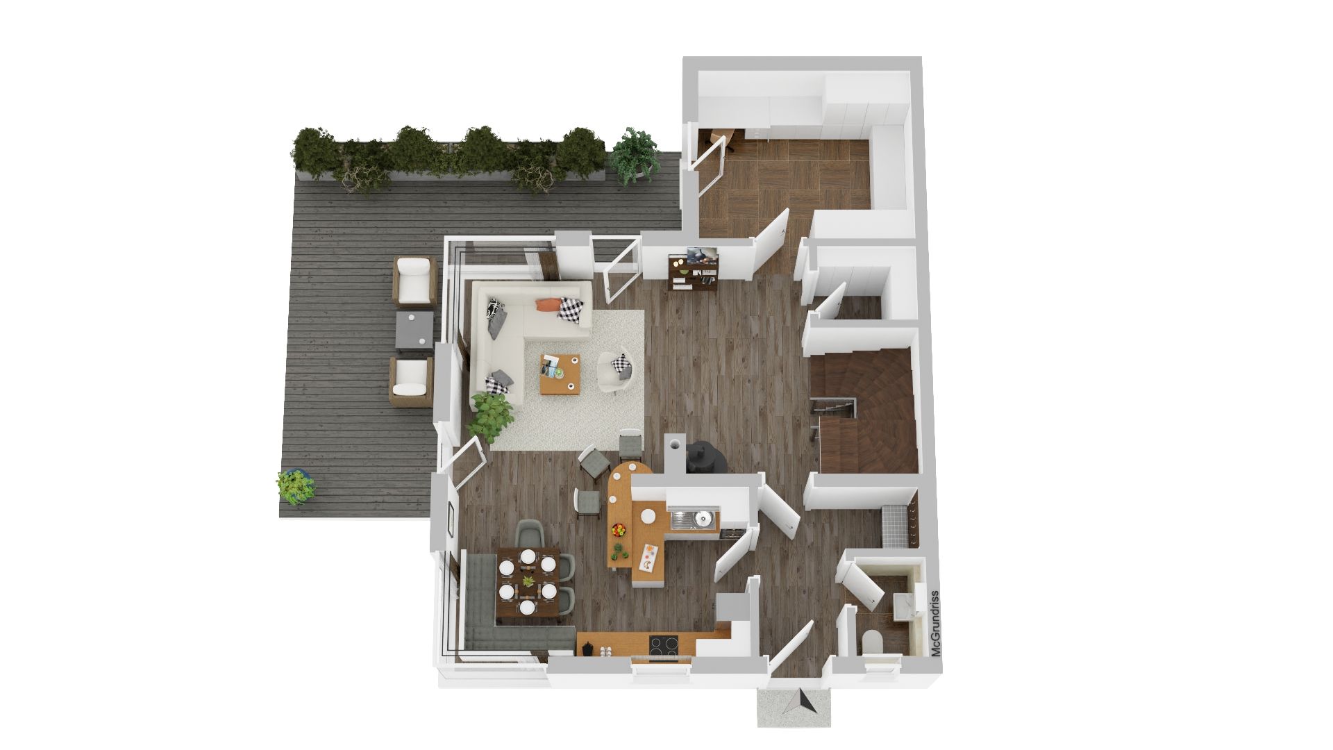 Grundriss einer Wohnung mit Wohnzimmer, Essbereich, Terrasse und mehreren weiteren Räumen.