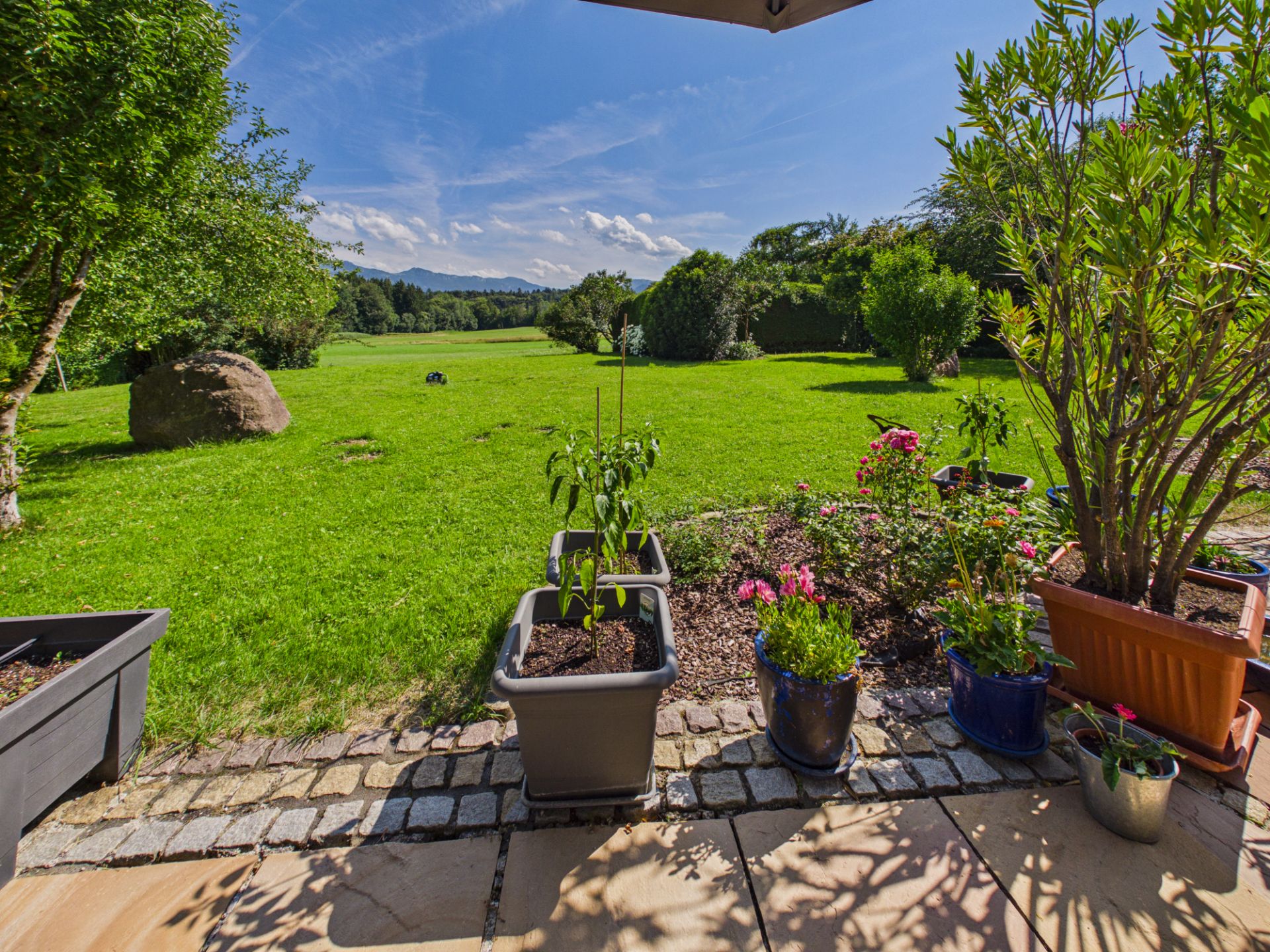Blick von einer Terrasse auf einen großen, grünen Garten mit Blumen und Bäumen.
