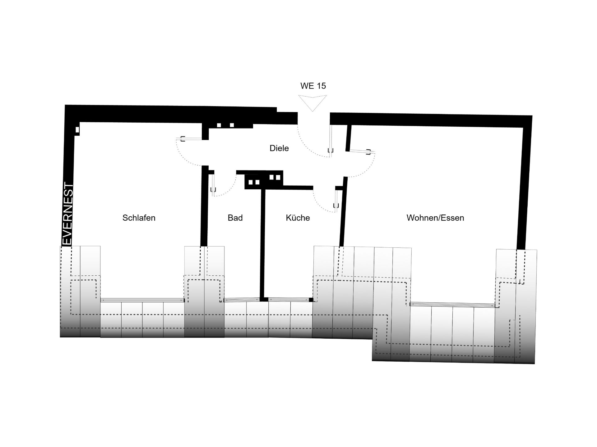 Grundriss einer Wohnung mit Schlaf-, Wohn-, Esszimmer, Bad, Küche und Diele.