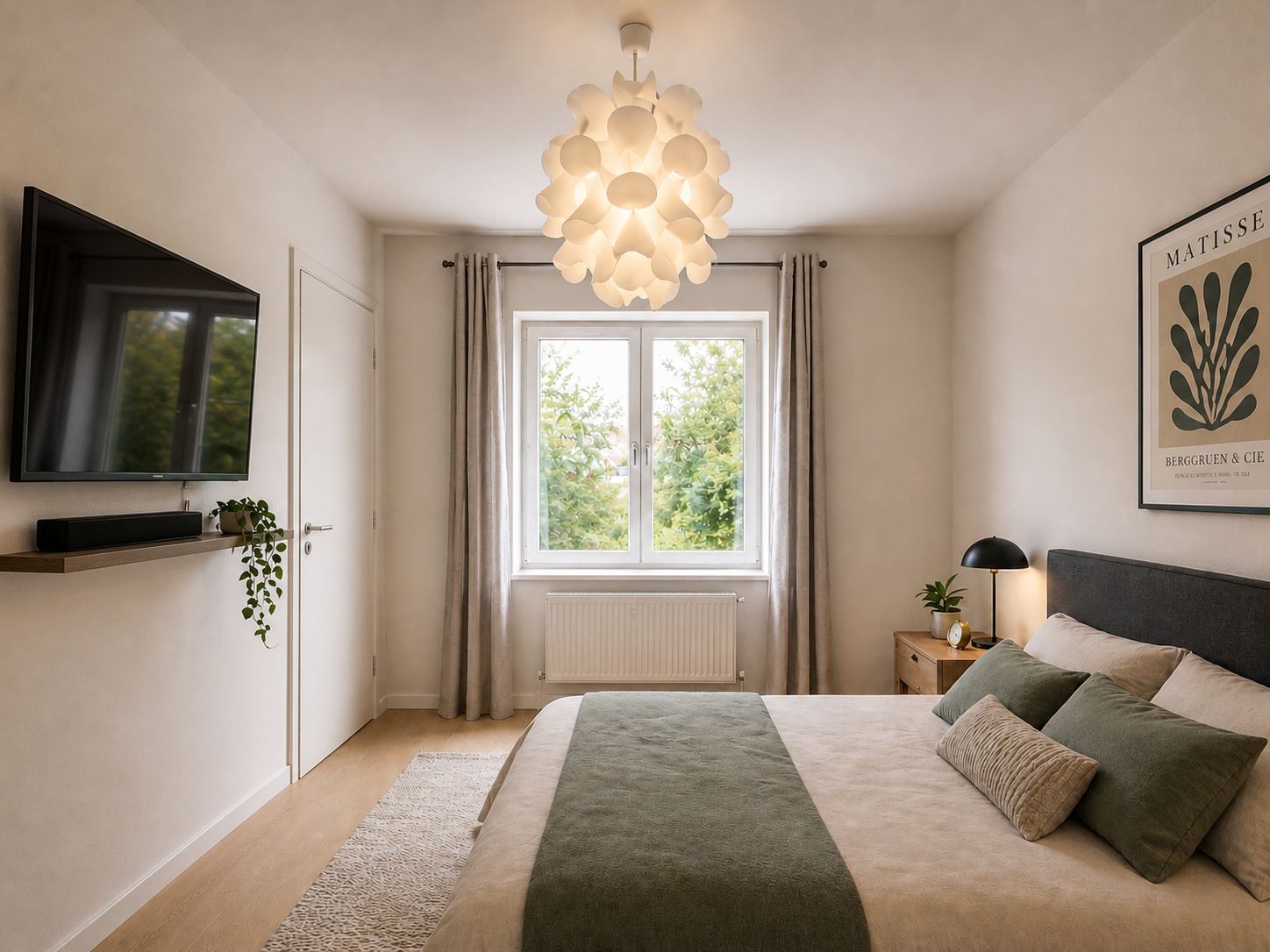 Modernes Schlafzimmer mit Doppelbett, großem Fenster, TV an der Wand und heller Lampe.