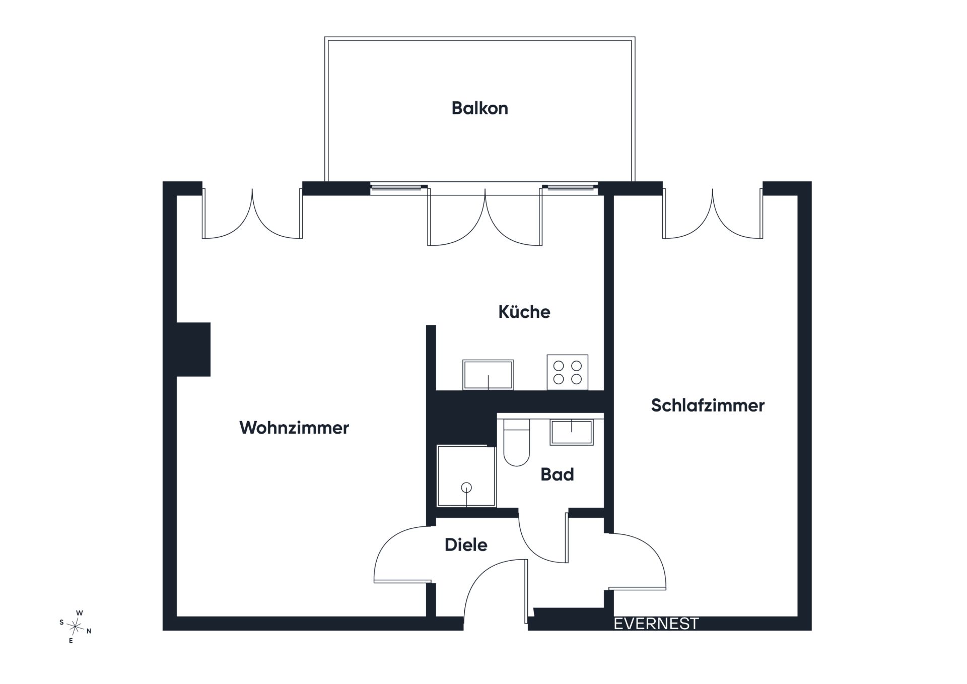 Grundriss einer Wohnung mit Wohnzimmer, Schlafzimmer, Küche, Bad, Diele und Balkon.