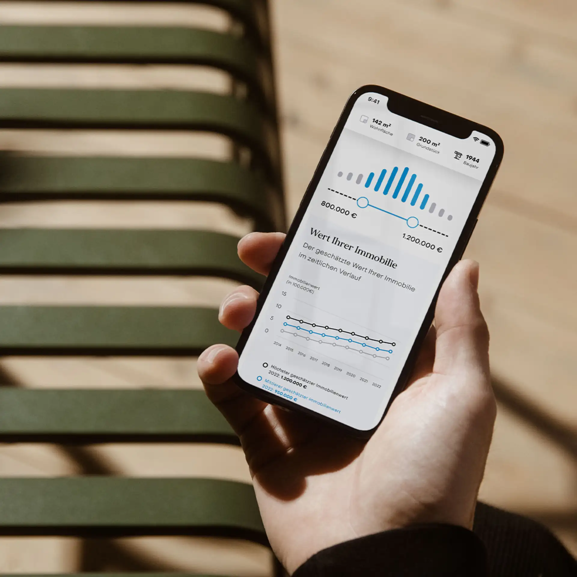 Hand hält ein Smartphone mit Immobilienwert-Diagrammen auf dem Bildschirm.