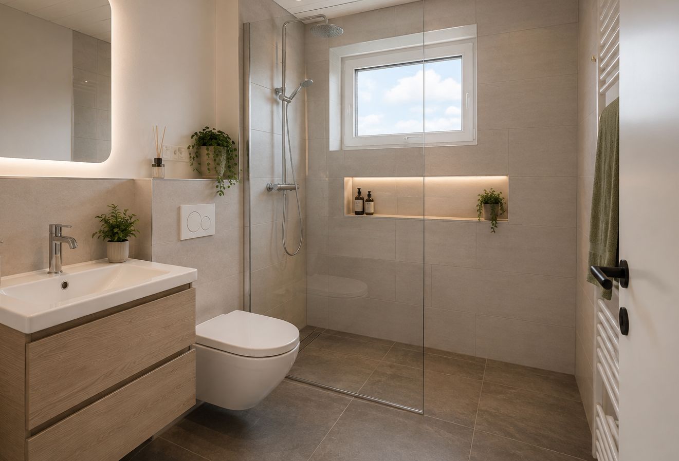 Modernes Badezimmer mit großer Dusche, Wandregal, WC und Waschbecken, dekoriert mit Pflanzen.