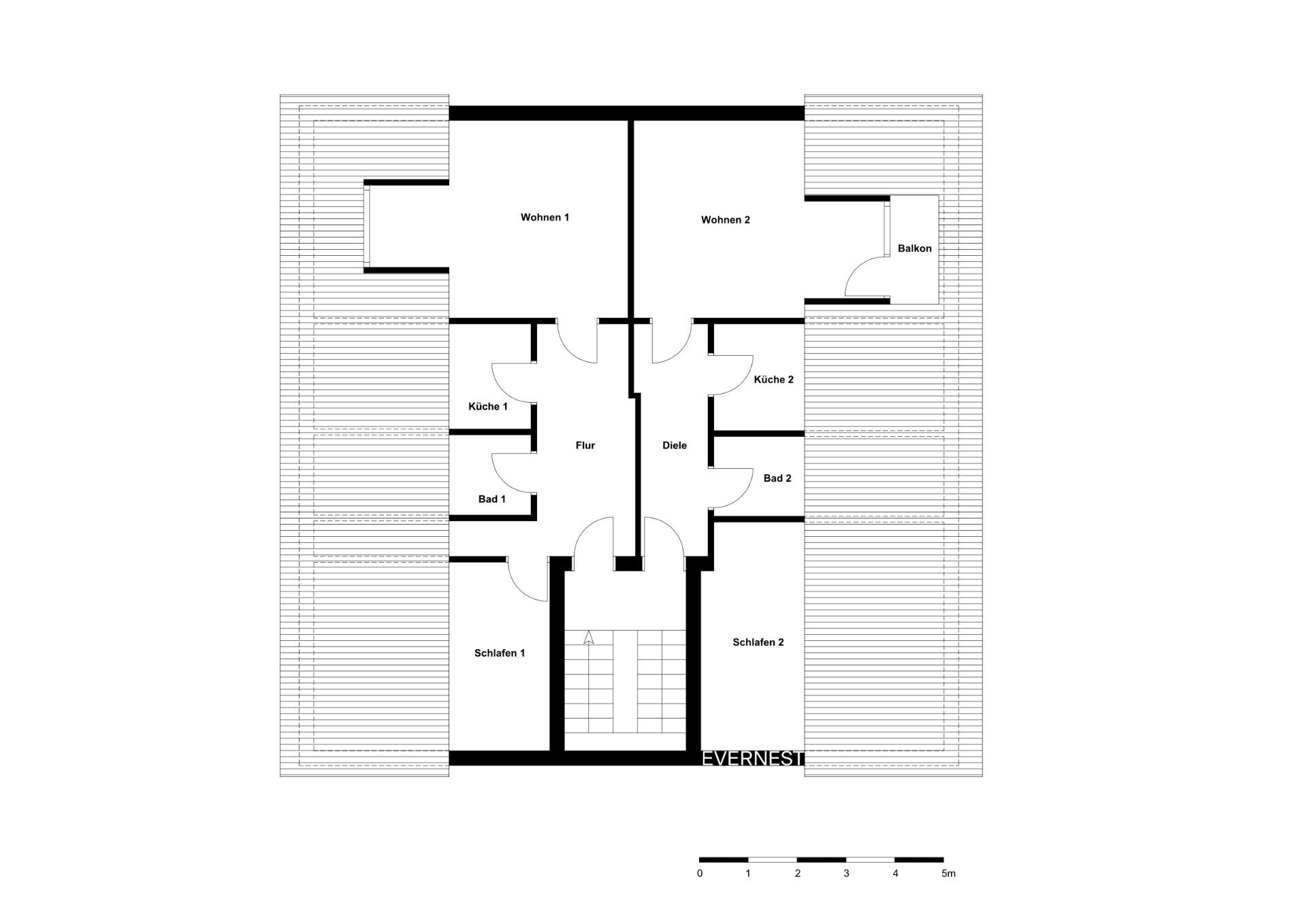 Grundriss mit zwei Wohnzimmern, zwei Schlafzimmern, zwei Küchen, zwei Bädern und einem Balkon.
