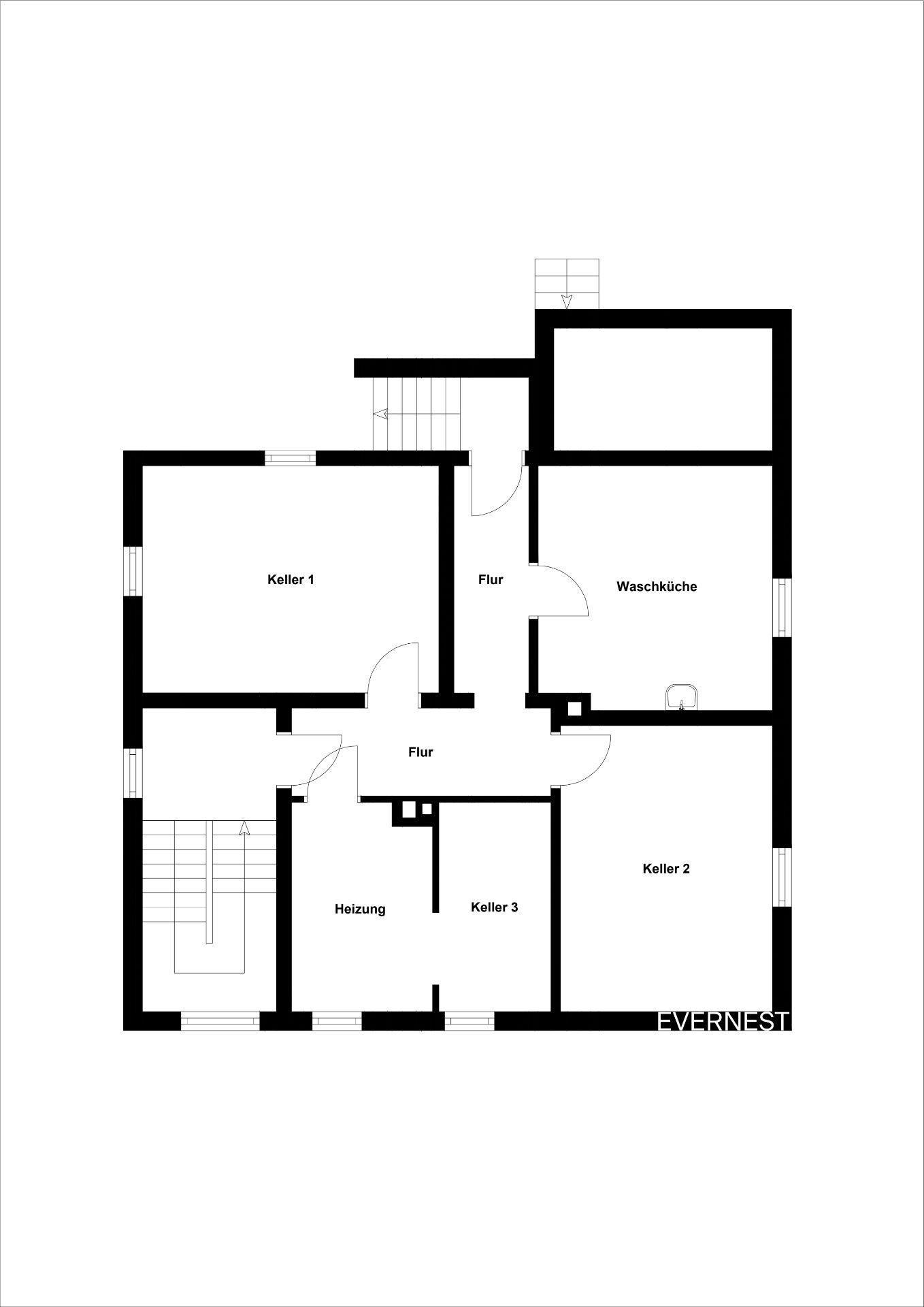 Grundriss eines Kellers mit drei Kellerräumen, Heizung, Waschküche und Flur.