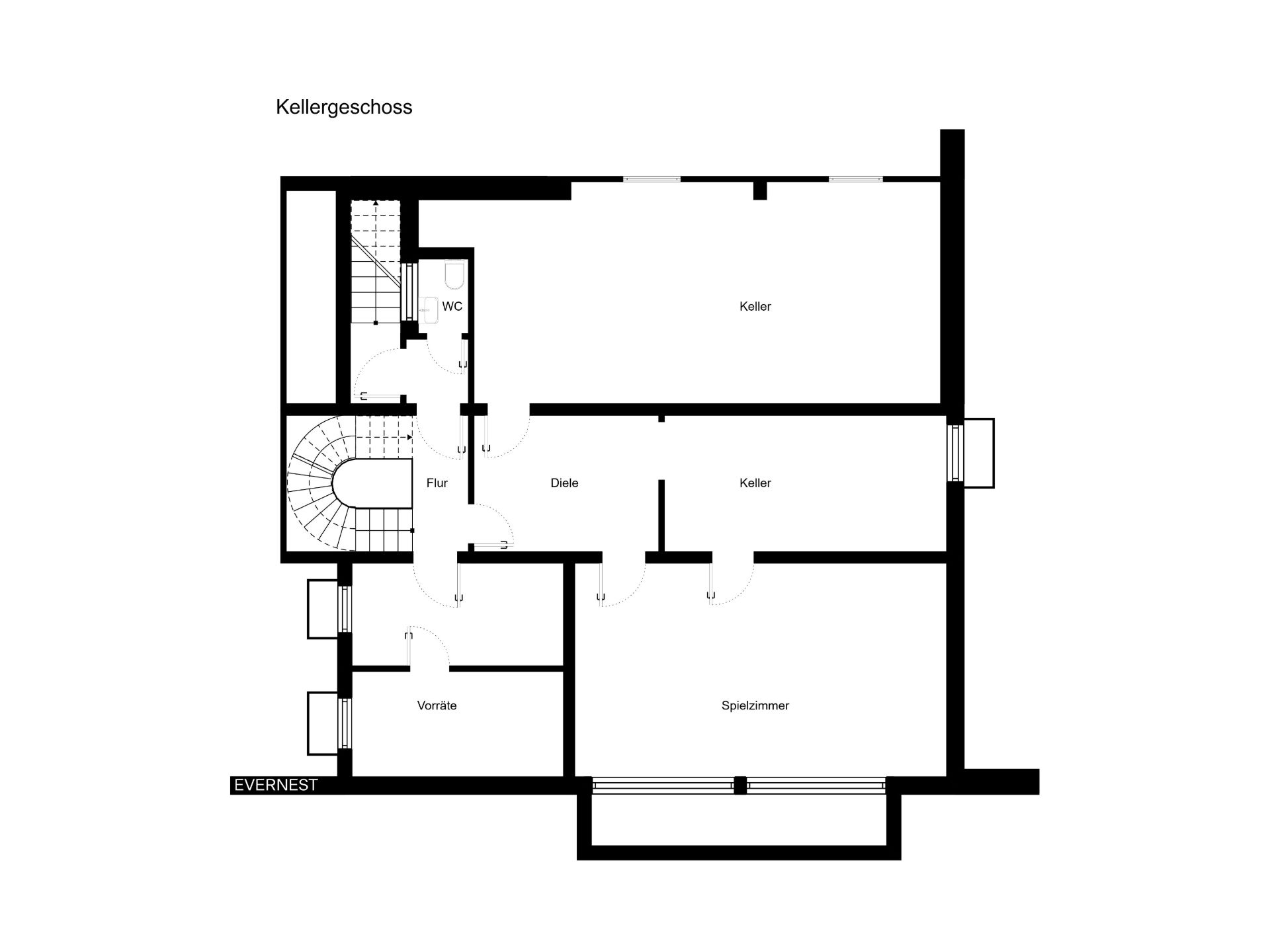 Grundriss eines Kellers mit Vorräte, Spielzimmer, Kellerraum, WC und Flur.