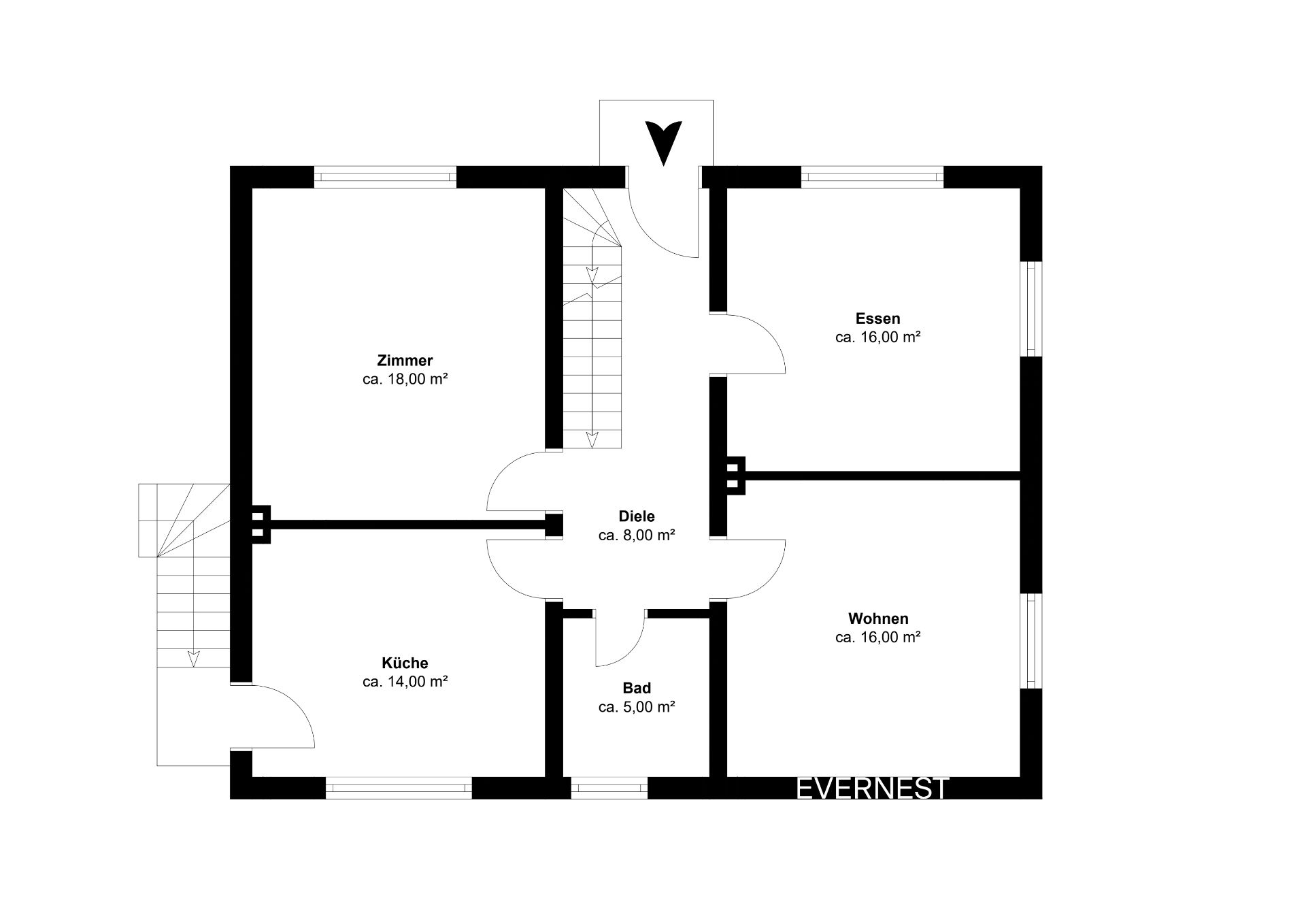 Grundriss einer Wohnung mit Zimmer, Küche, Bad, Diele, Essen und Wohnen.