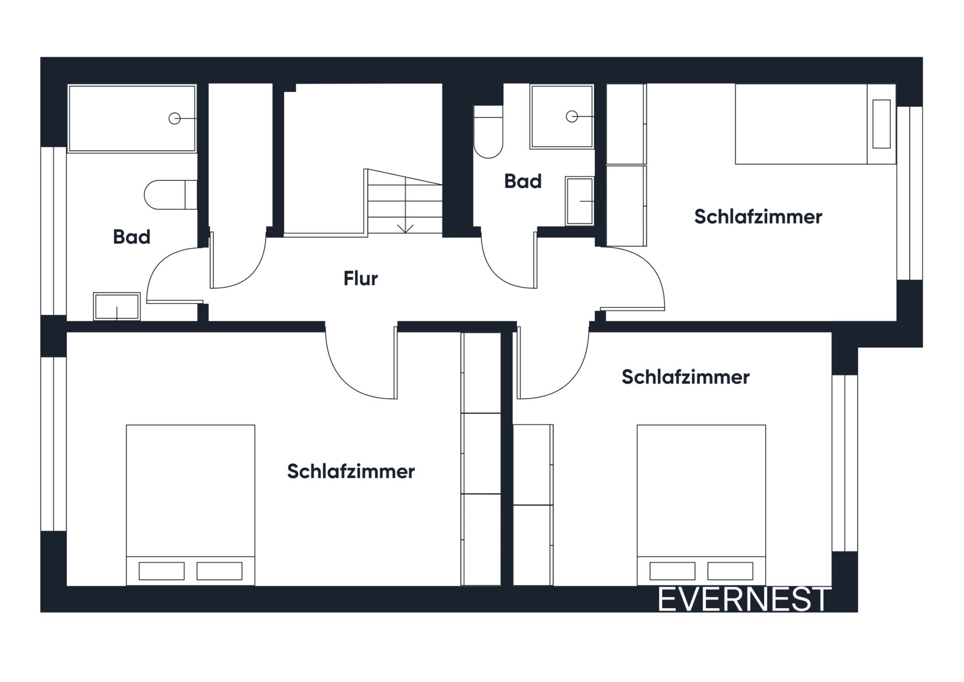 Grundriss mit drei Schlafzimmern, zwei Bädern und Flur.