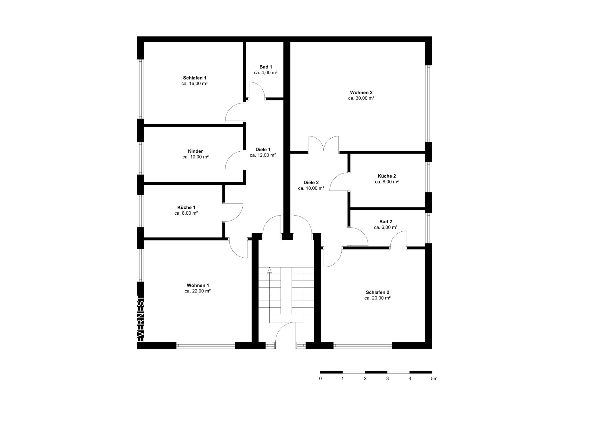 Grundriss einer Wohnung mit zwei Schlafzimmern, zwei Küchen, zwei Bädern, Wohnzimmern und Kinderzimmer.