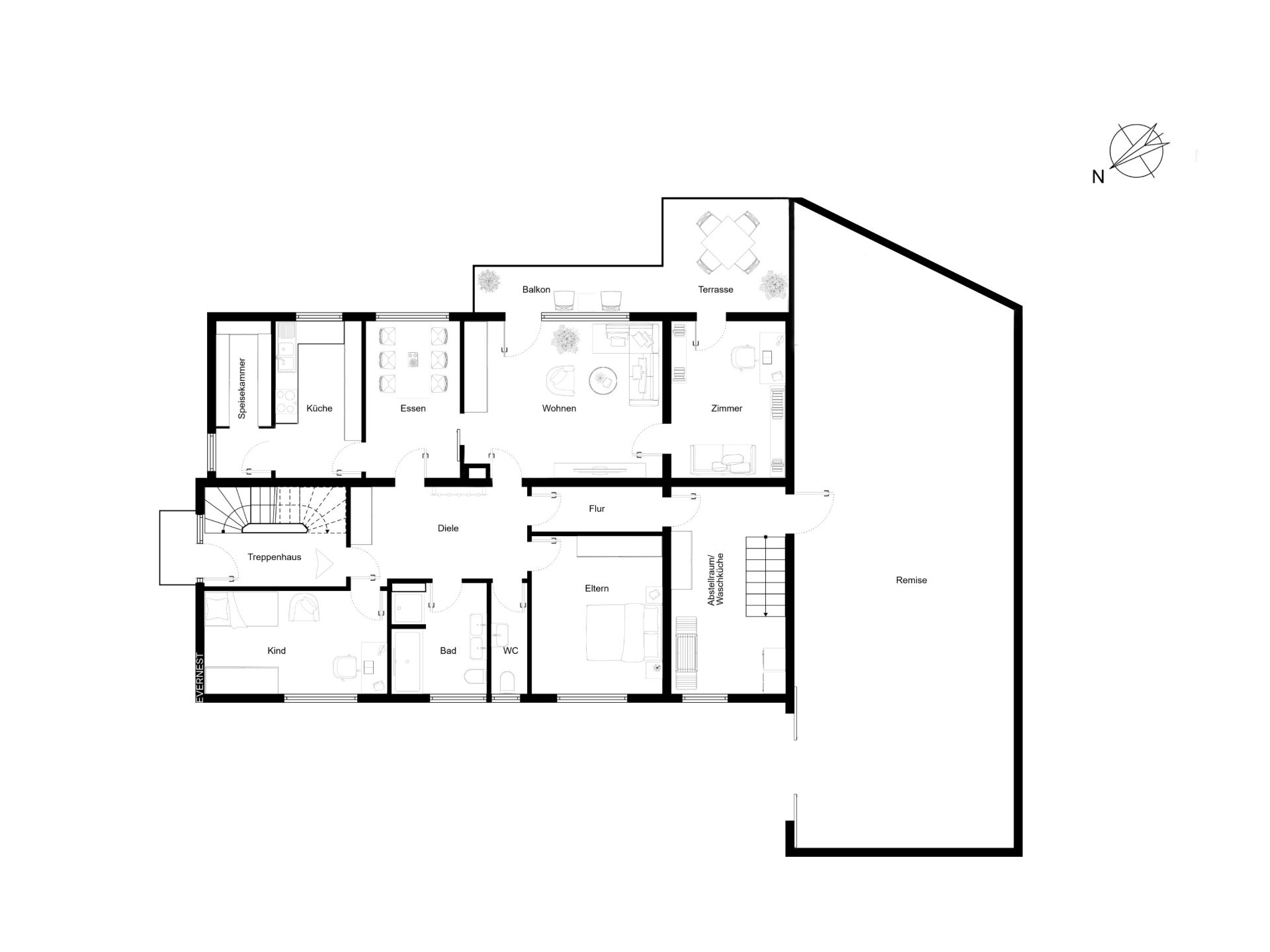 Grundriss einer Wohnung mit Wohnzimmer, Küche, Schlafzimmer, Bad, Balkon, Terrasse und mehreren Zimmern.