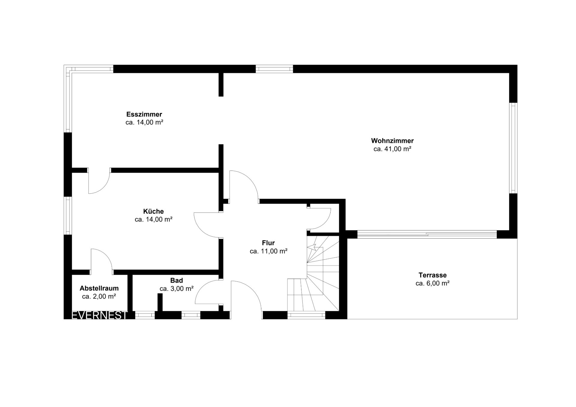 Grundriss mit Esszimmer, Wohnzimmer, Küche, Abstellraum, Bad, Flur und Terrasse.