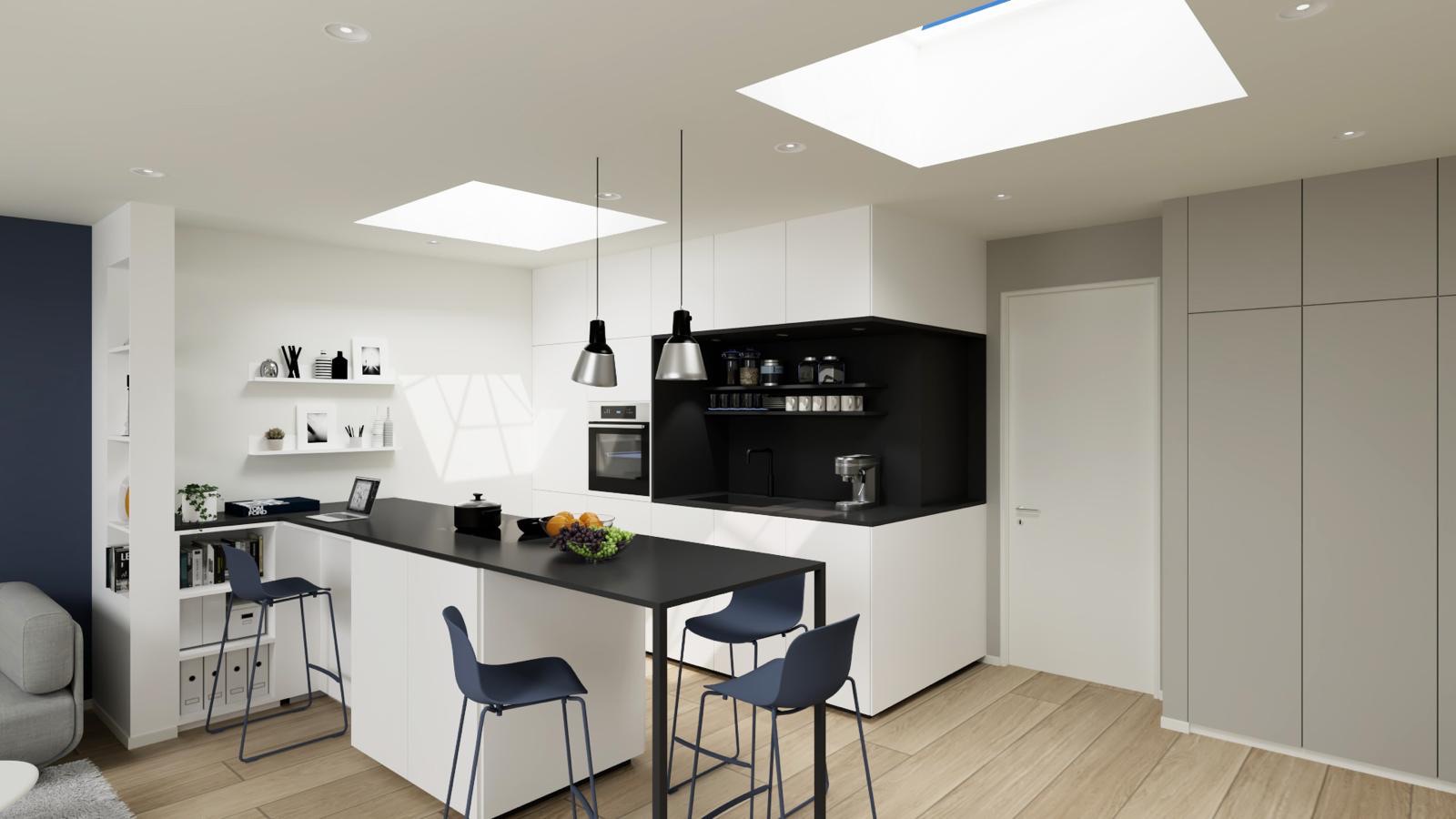 Moderne Küche mit Kücheninsel, vier Stühlen und Hängelampen, viel Licht durch Oberlichter.