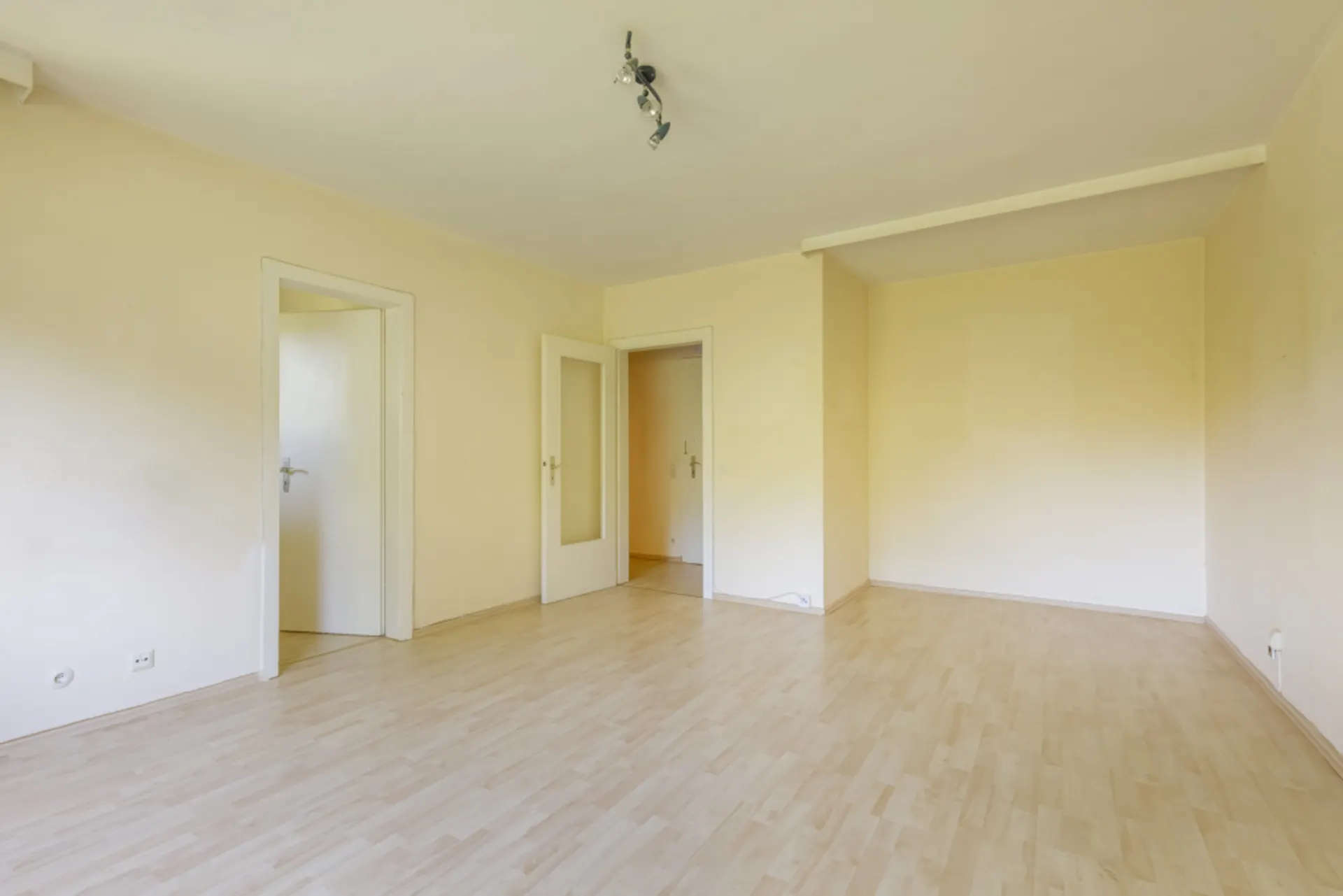 Leerer Raum mit hellem Laminatboden, cremefarbenen Wänden und zwei offenen Türen.