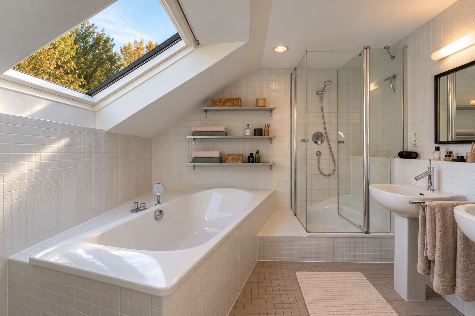 Helles Badezimmer mit Badewanne, Dusche, Waschbecken, Regal und großem Dachfenster.