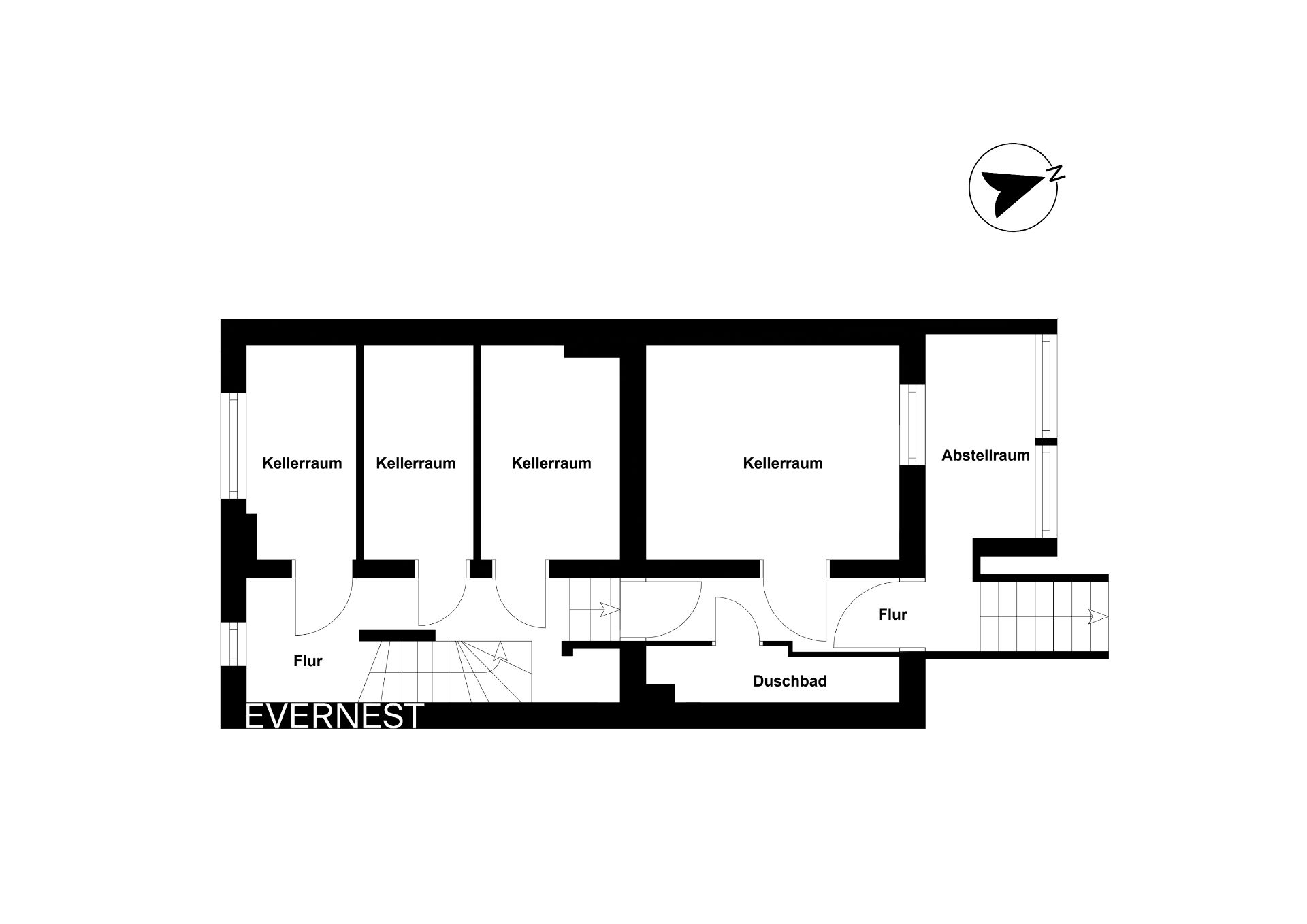 Grundriss eines Kellers mit vier Kellerräumen, Abstellraum, Fluren und Duschbad.