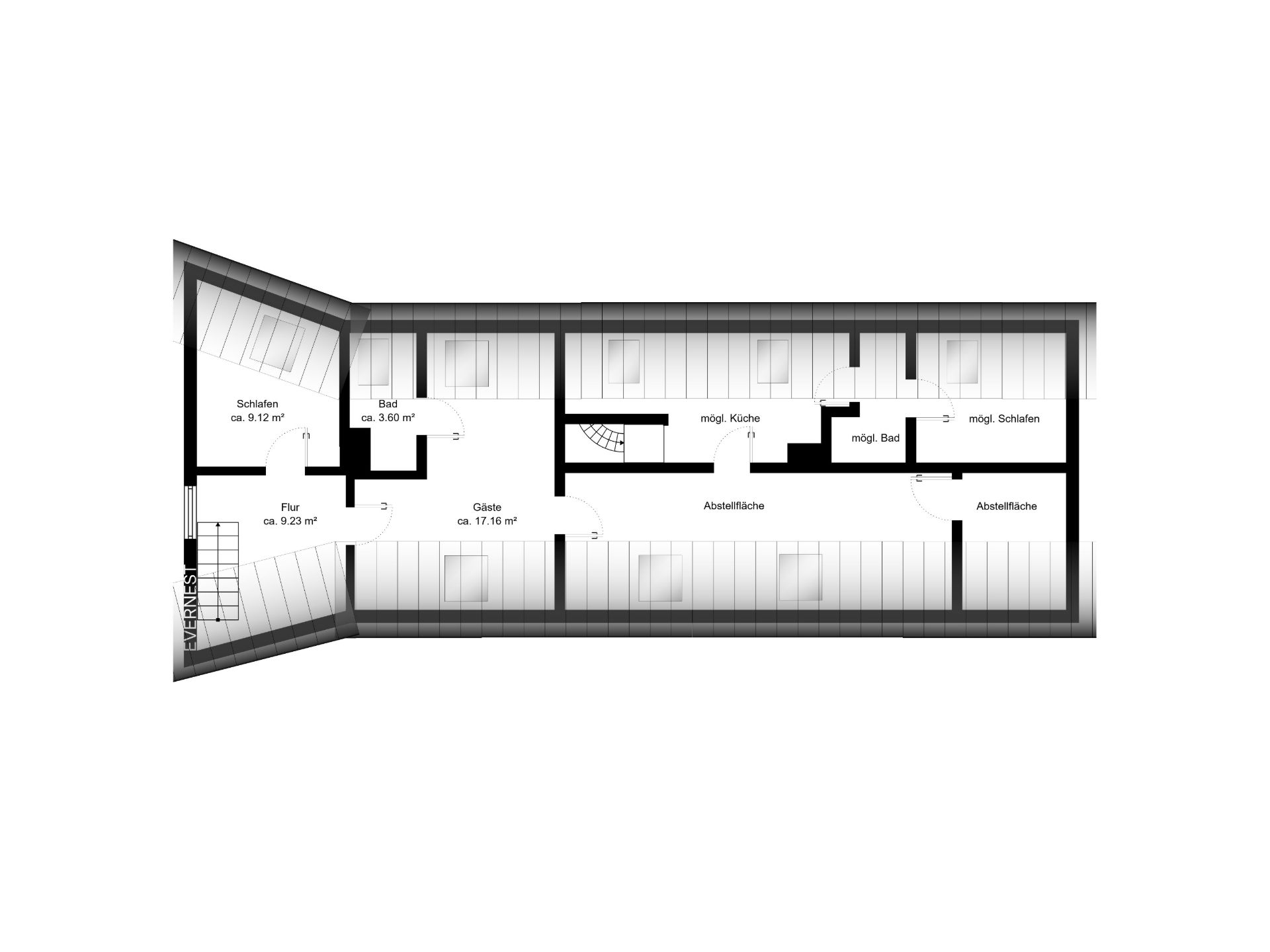 Grundriss eines Wohnhauses mit Schlafzimmern, Bad, Flur, Gästezimmer und Abstellflächen.