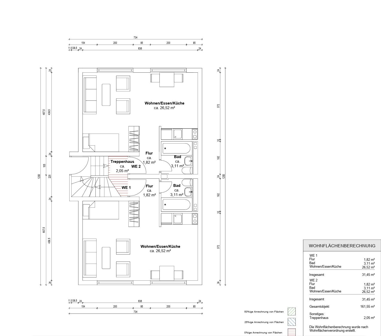 Grundriss mit zwei Wohnungen, Wohn-Ess-Küche, Bad und Treppenhaus sind klar erkennbar.