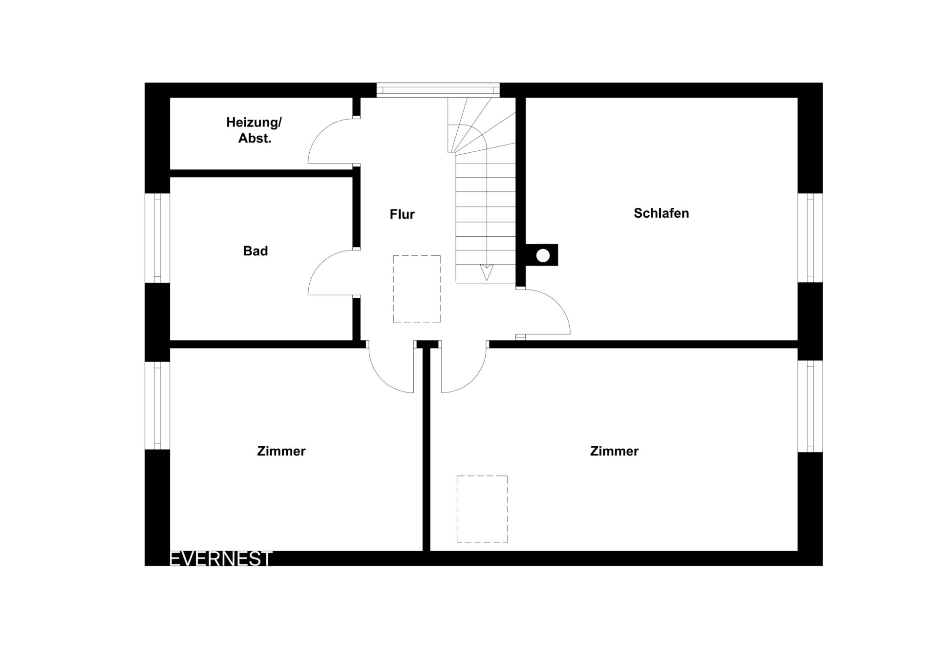 Grundriss mit Flur, Bad, Heizung, Schlafzimmer und zwei Zimmern.