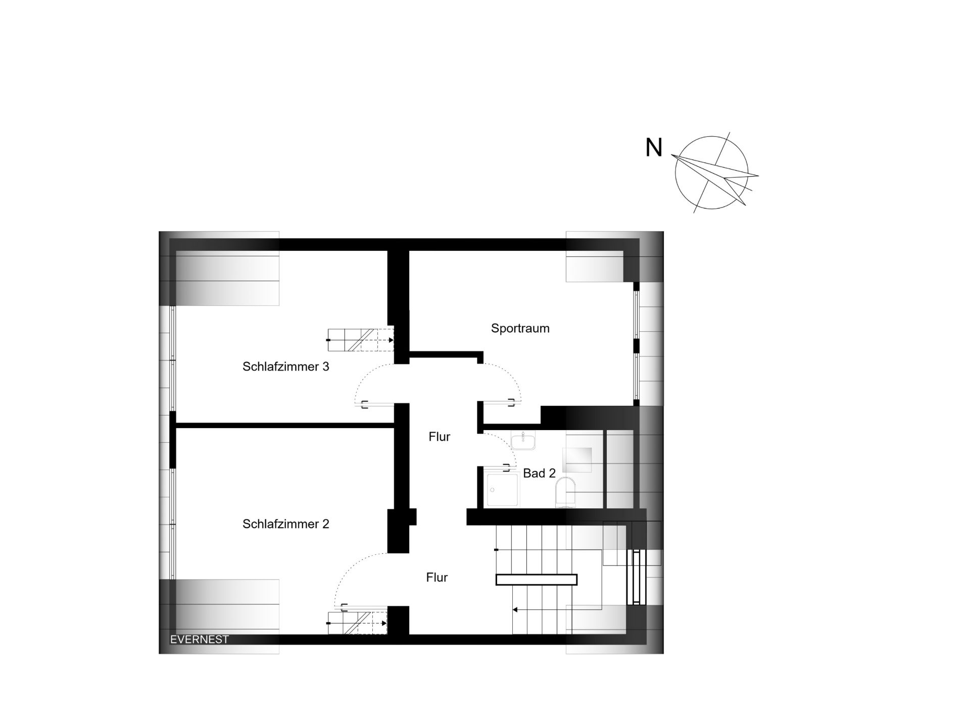 Grundriss zeigt zwei Schlafzimmer, einen Sportraum, ein Bad und Flure.