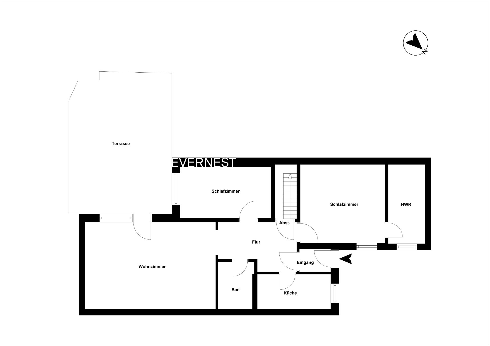 Grundriss mit Wohnzimmer, zwei Schlafzimmern, Küche, Bad, Flur, Abstellraum, HWR und Terrasse.