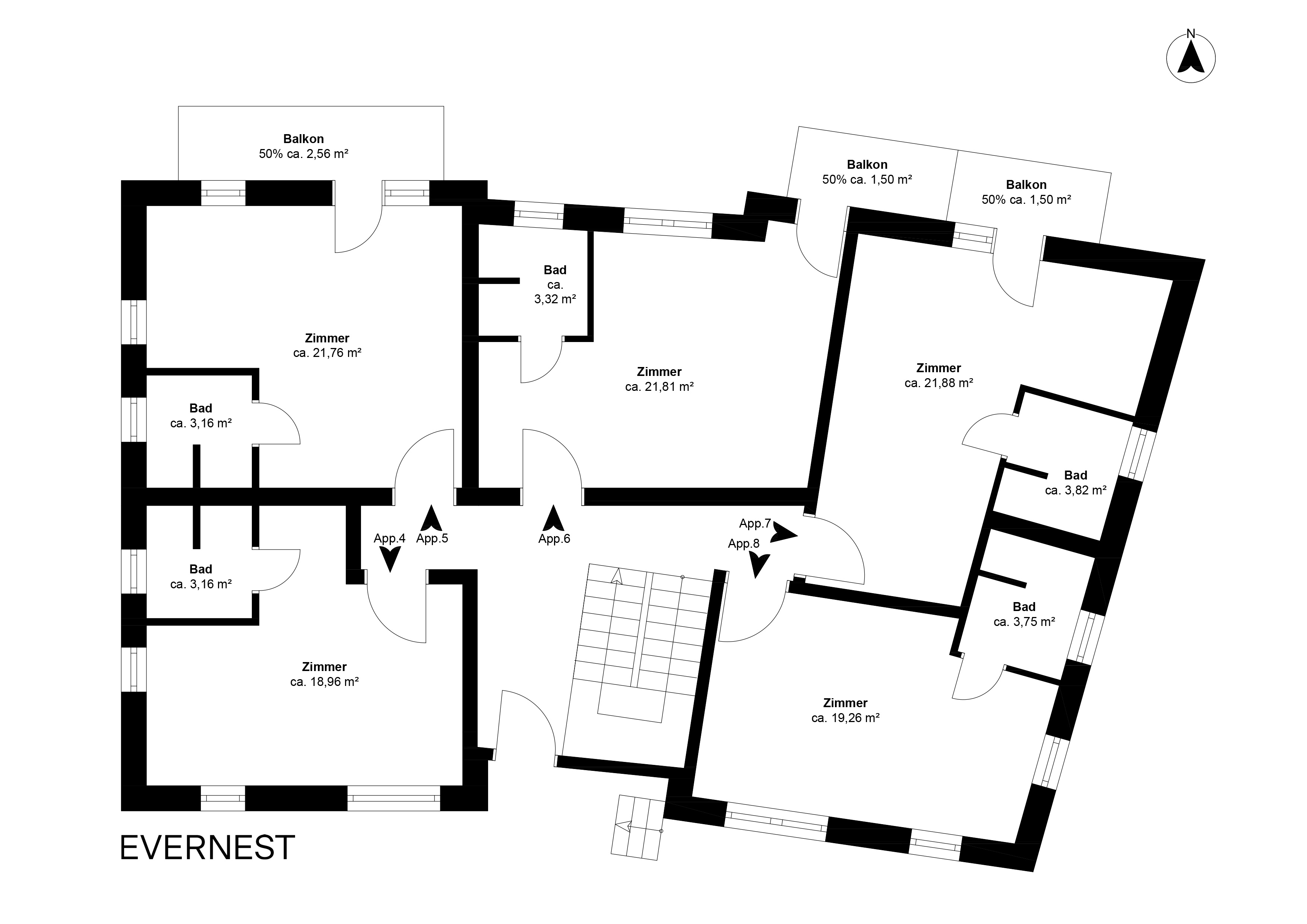 Grundriss mit fünf Zimmern, mehreren Bädern und drei Balkonen, Räume sind beschriftet.