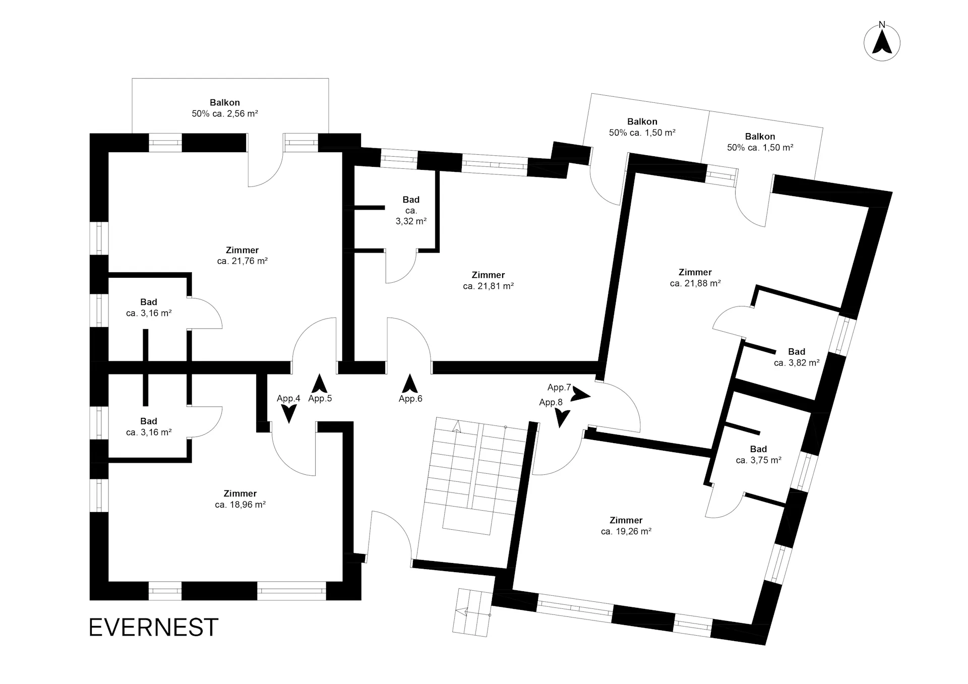 Grundriss mit fünf Zimmern, mehreren Bädern und drei Balkonen, Räume sind beschriftet.
