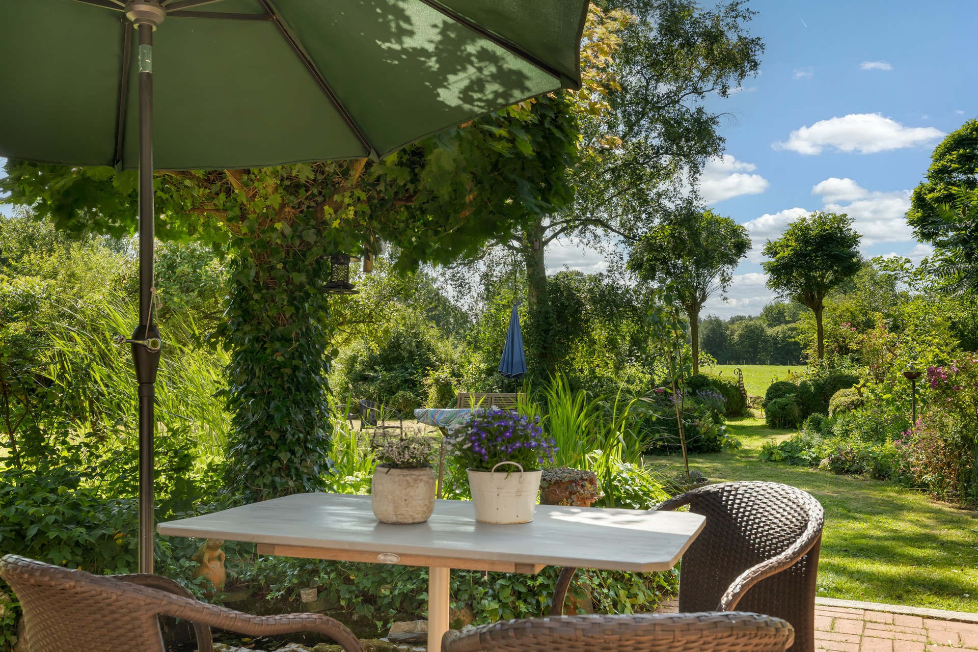 Terrasse mit Tisch, Stühlen und Pflanzen, Blick in einen grünen Garten mit Bäumen und Sträuchern.