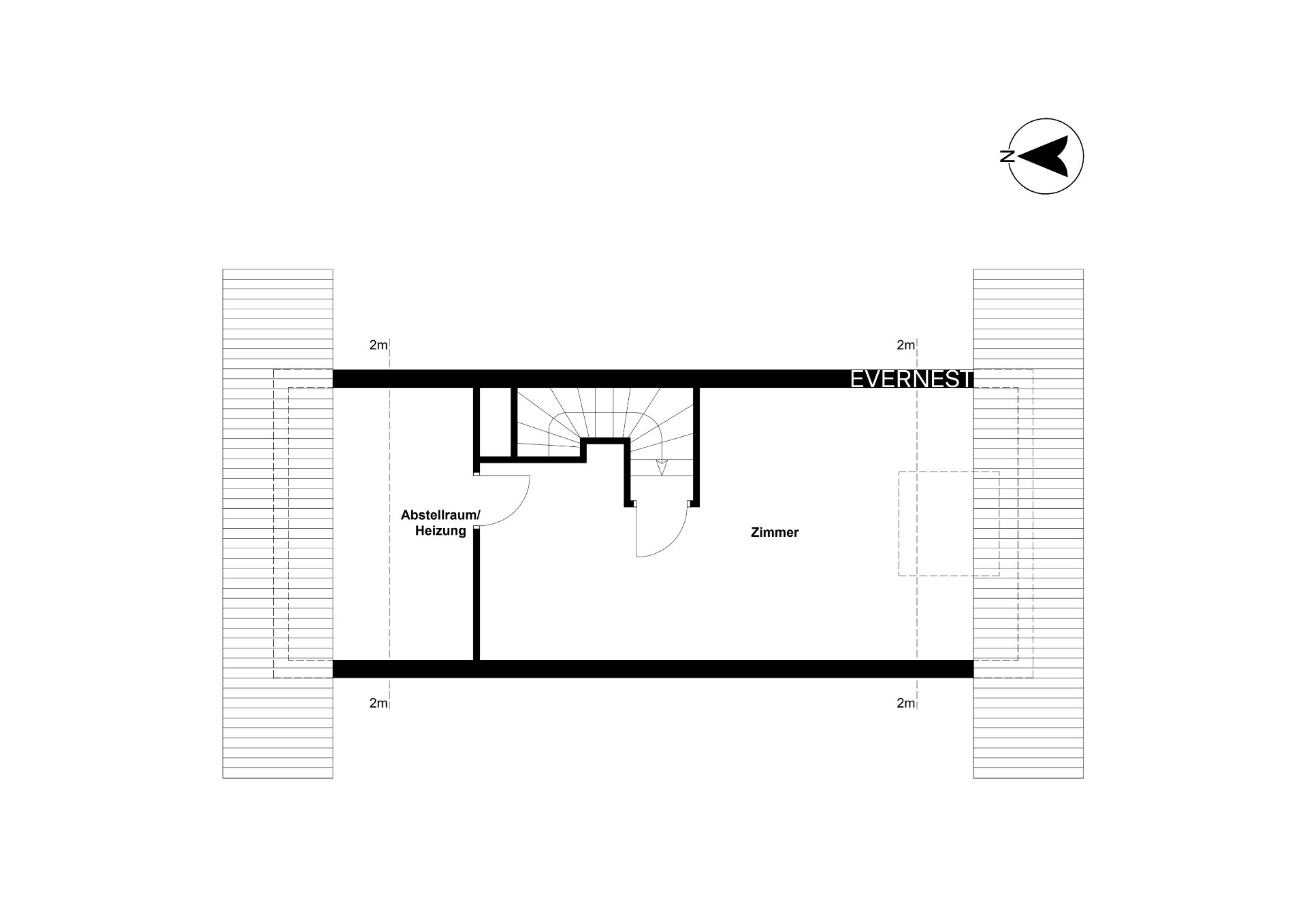 Grundriss mit Treppe, einem Zimmer und einem Abstellraum/Heizung.