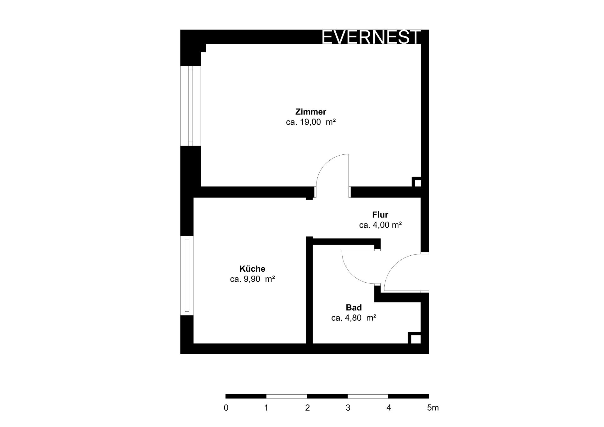 Grundriss einer Wohnung mit Zimmer, Küche, Bad und Flur, Größenangaben in Quadratmetern.