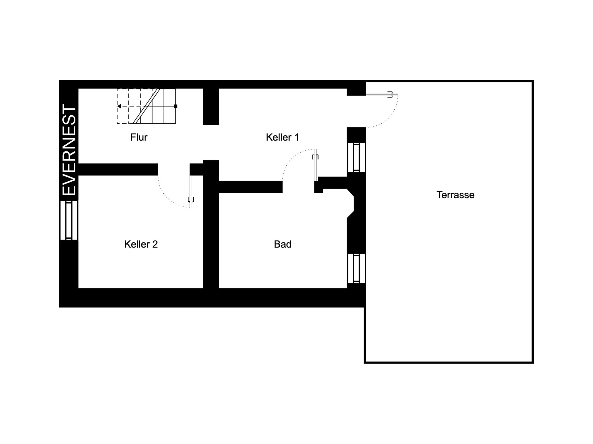 Grundriss mit Flur, zwei Kellerräumen, Bad und großer Terrasse.