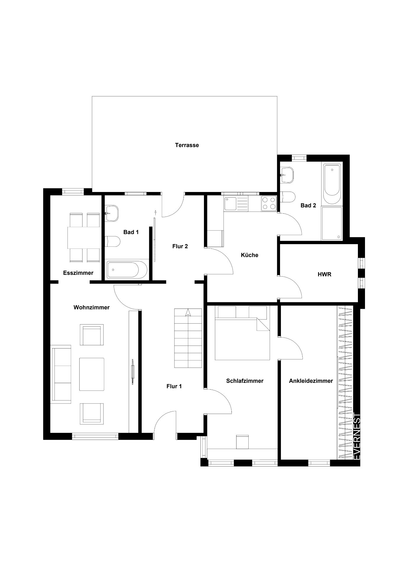 Grundriss einer Wohnung mit Wohnzimmer, Schlafzimmer, Küche, zwei Bädern und Terrasse.