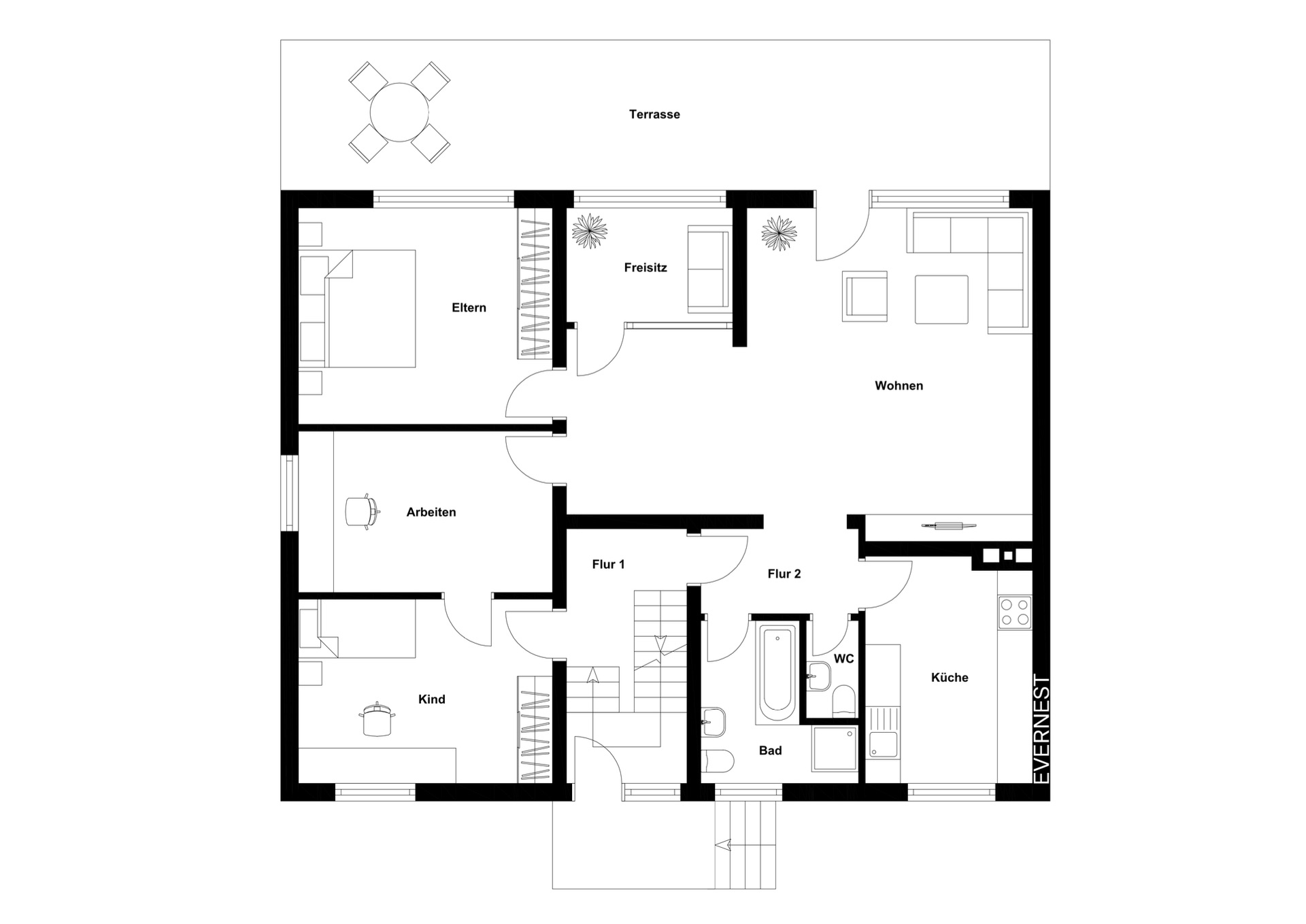 Grundriss einer Wohnung mit Terrasse, Wohnzimmer, Küche, Bad, WC, drei Zimmern und Arbeitszimmer.