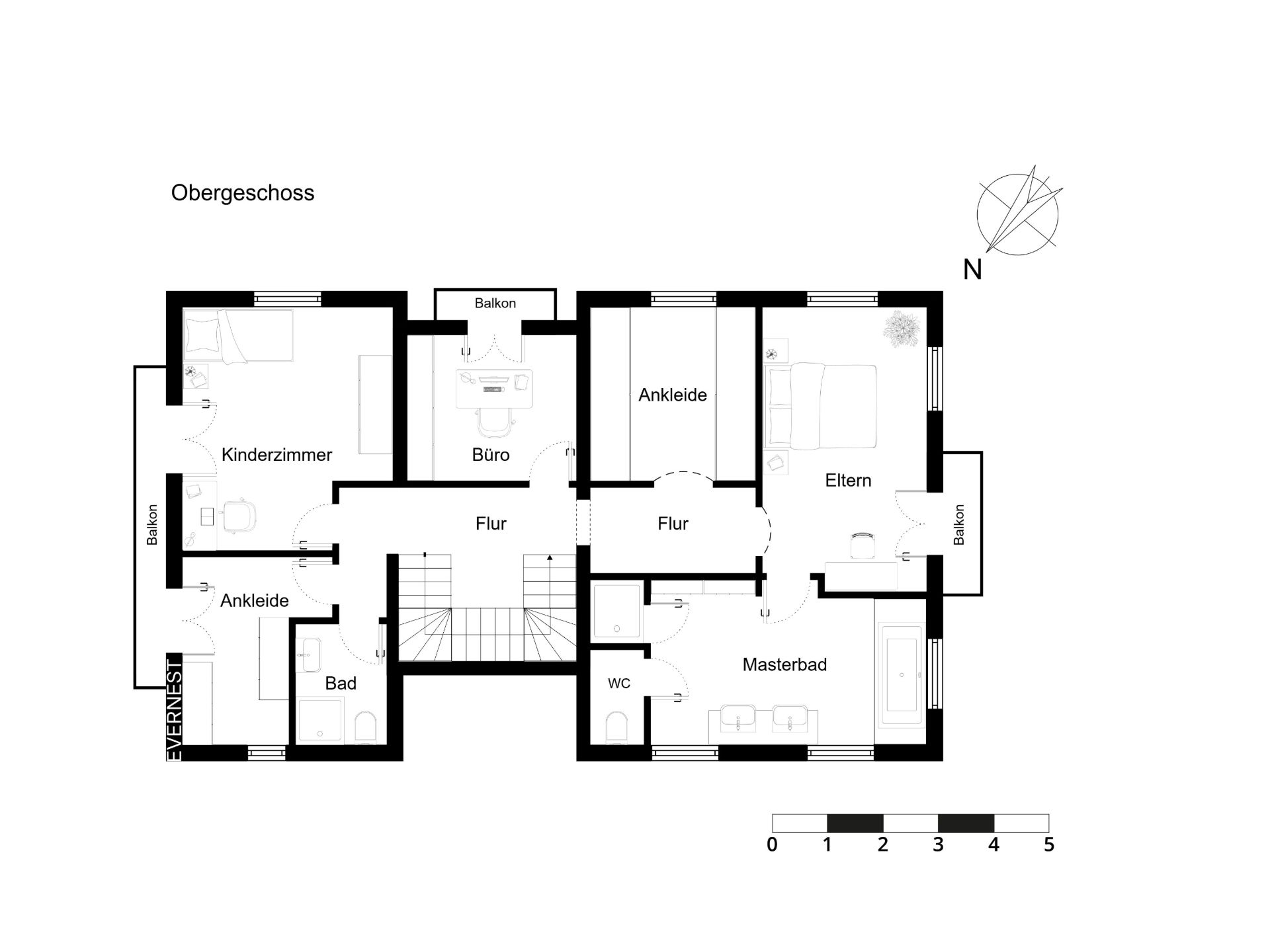 Grundriss des Obergeschosses mit Kinderzimmer, Büro, Elternschlafzimmer, Bädern und Balkonen.