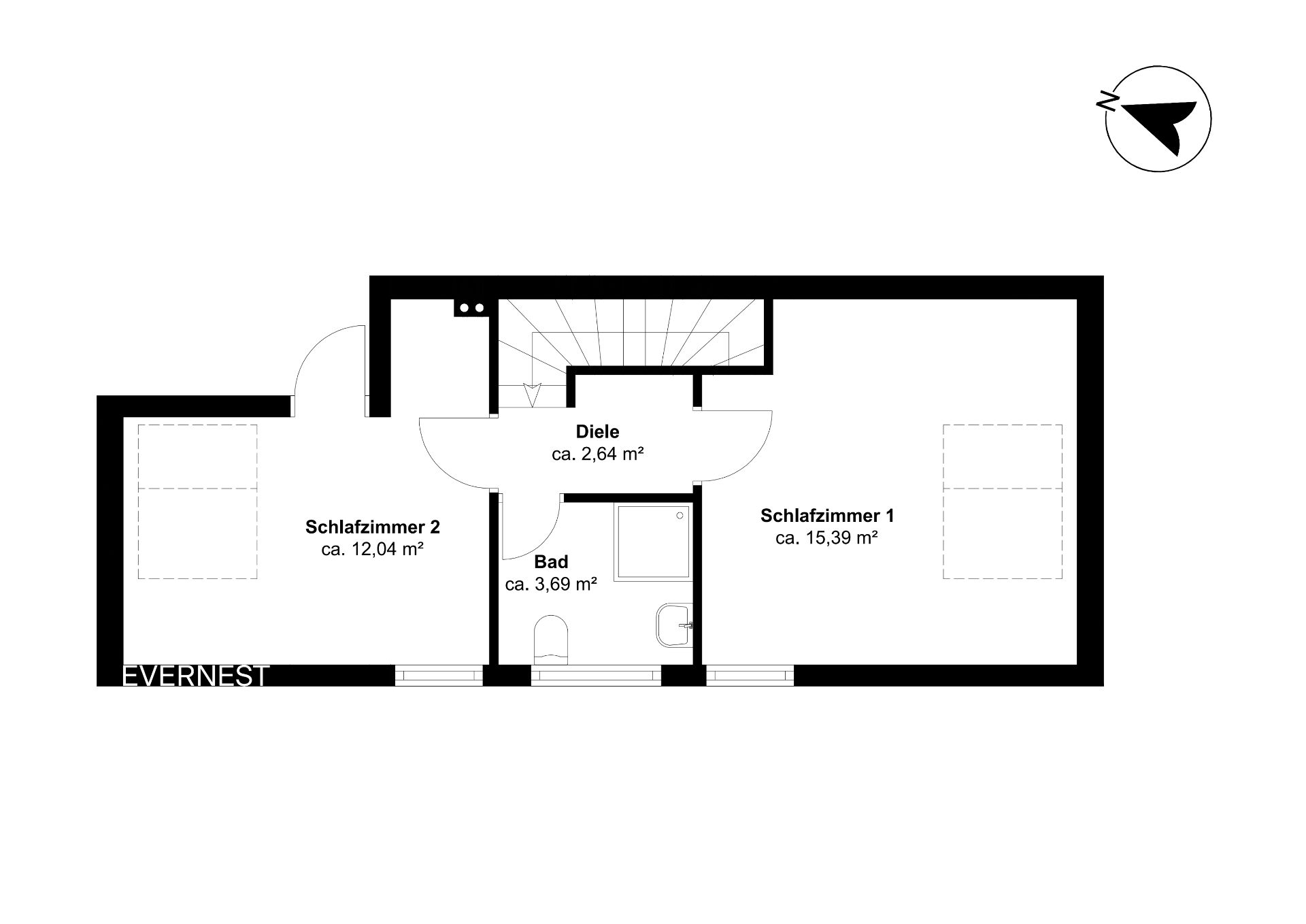 Grundriss mit zwei Schlafzimmern, Bad und Diele, Flächenangaben in Quadratmetern.