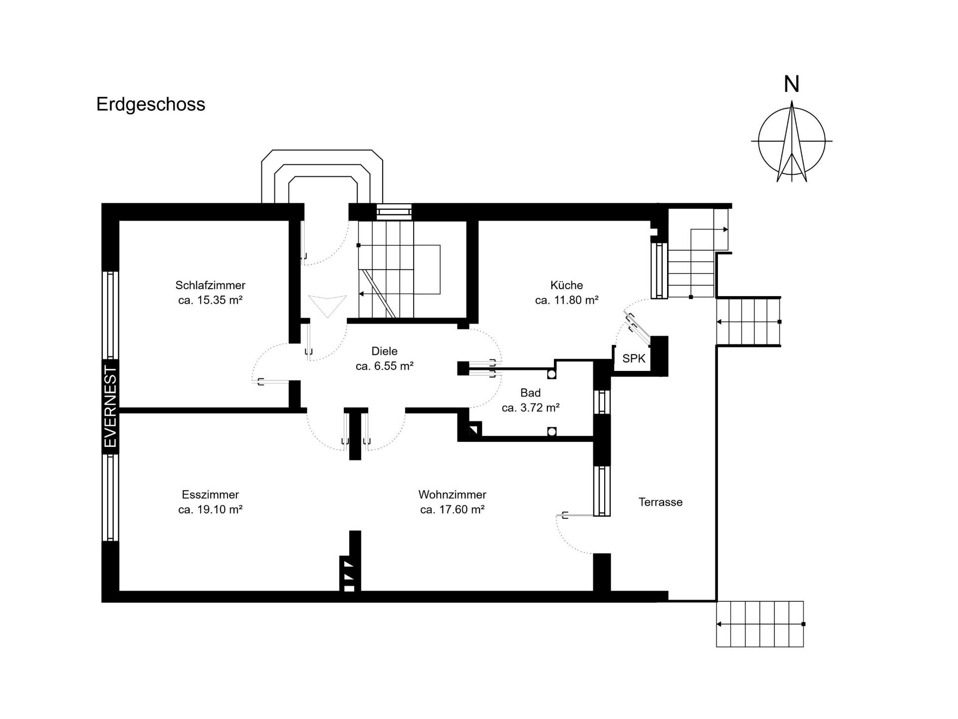 Grundriss des Erdgeschosses mit Schlafzimmer, Esszimmer, Wohnzimmer, Küche, Bad, Diele und Terrasse.