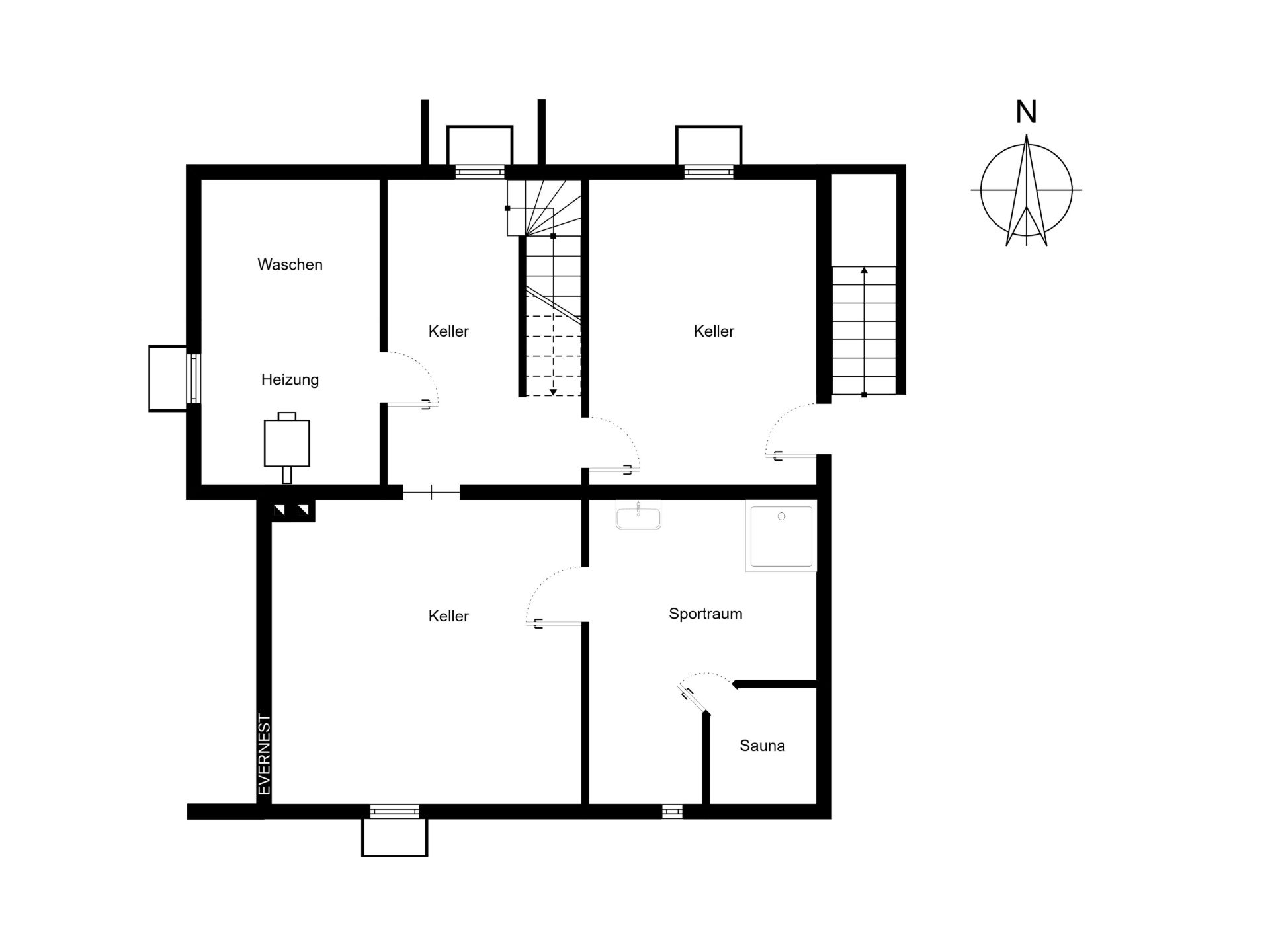 Grundriss eines Kellers mit Waschküche, Heizraum, Kellerräumen, Sportraum und Sauna.
