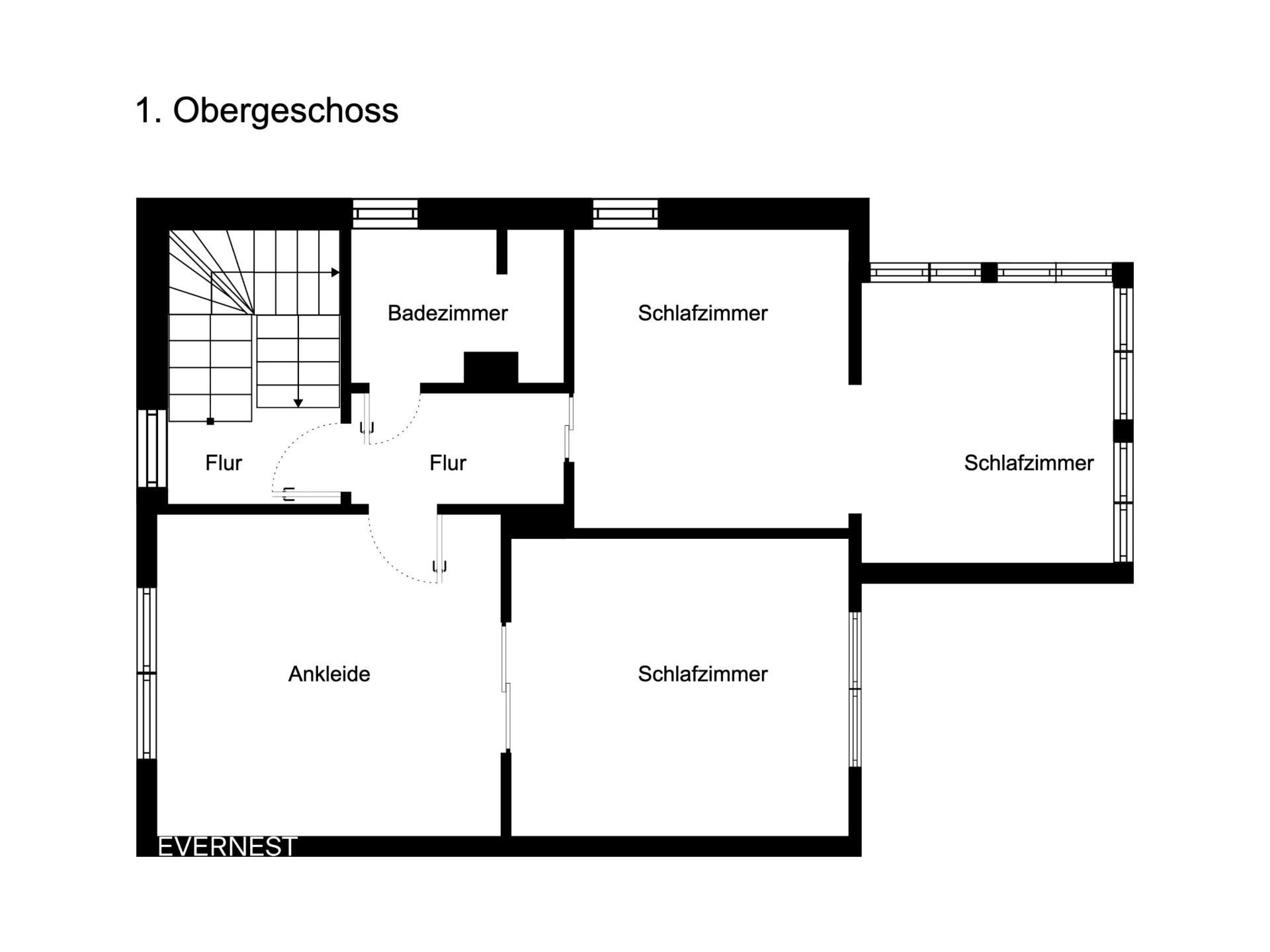 Grundriss des 1. Obergeschosses mit drei Schlafzimmern, Ankleide, Badezimmer und Flur.
