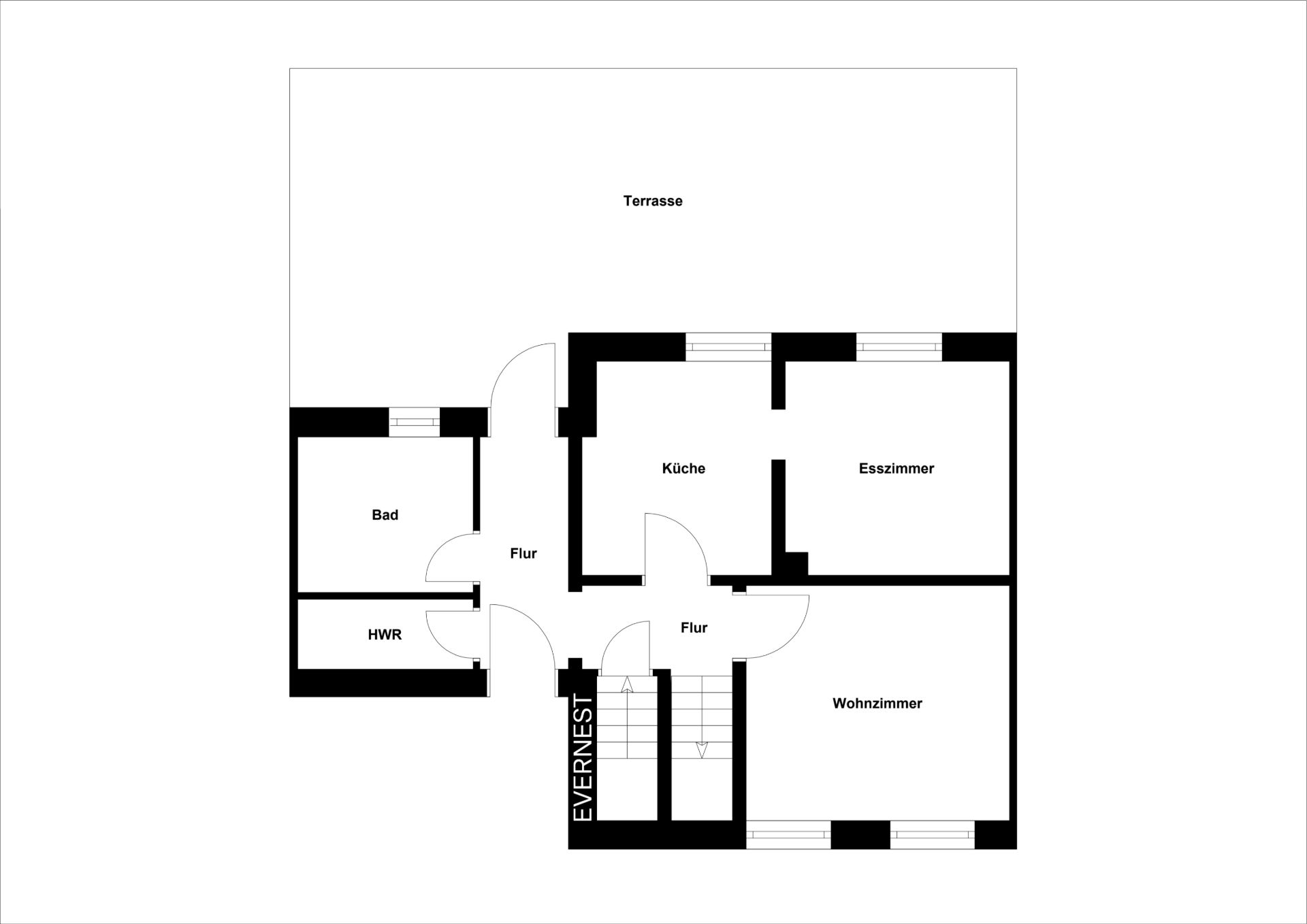 Grundriss mit Wohnzimmer, Esszimmer, Küche, Bad, Hauswirtschaftsraum, Fluren und Terrasse.