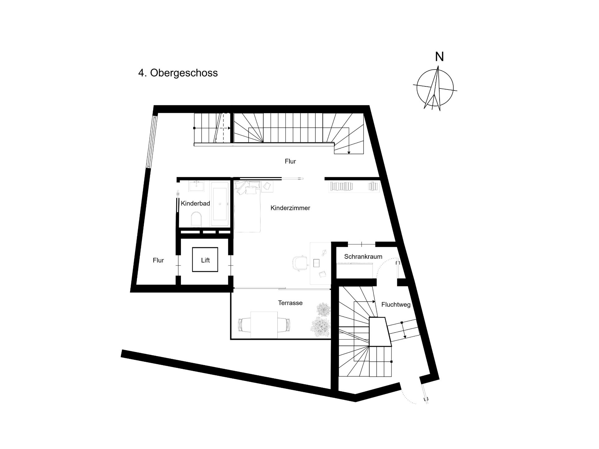 Grundriss vom 4. Obergeschoss mit Kinderzimmer, Kinderbad, Schrankraum, Terrasse und Fluchtweg.