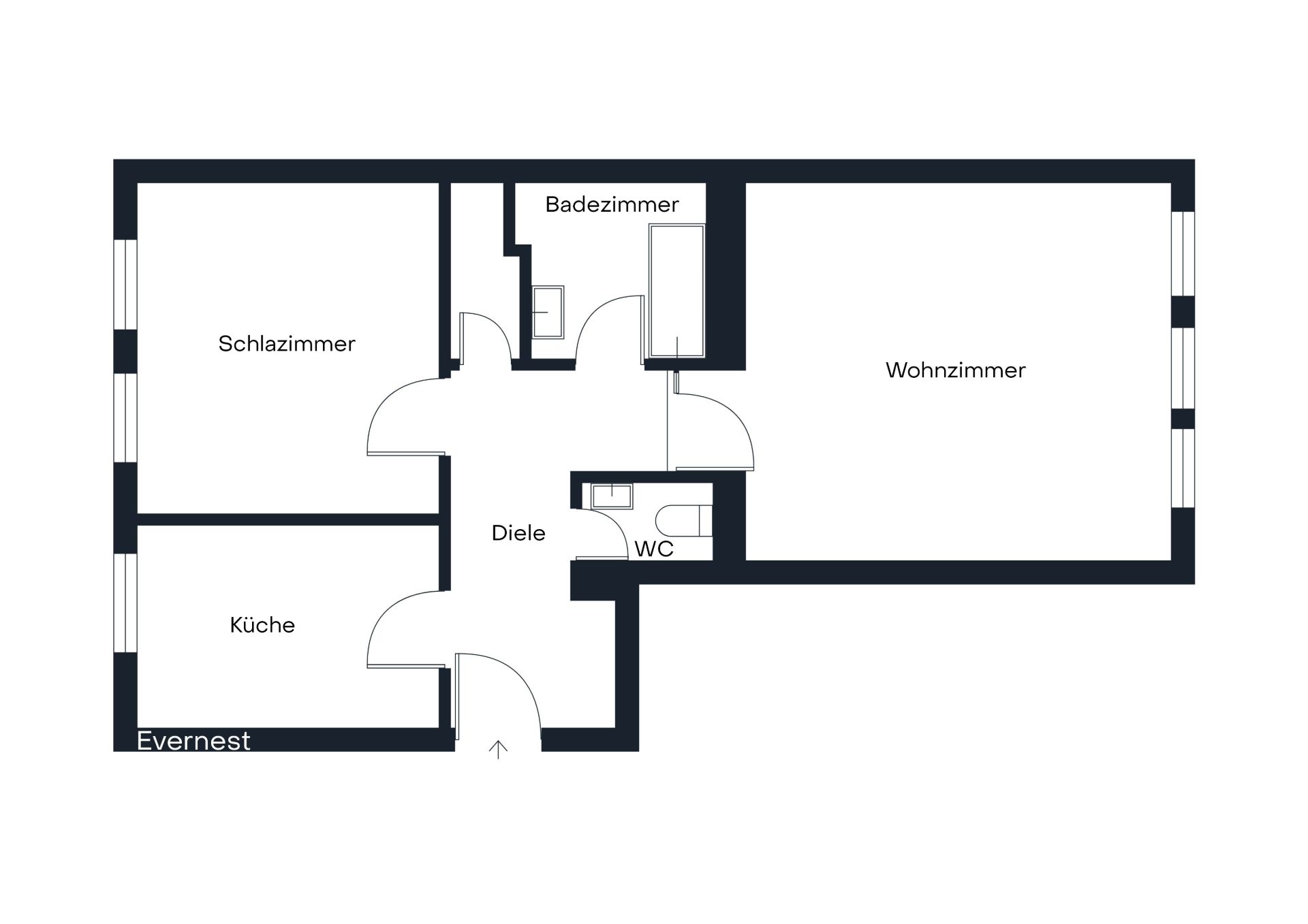 Grundriss mit Schlafzimmer, Wohnzimmer, Küche, Badezimmer, WC und Flur.