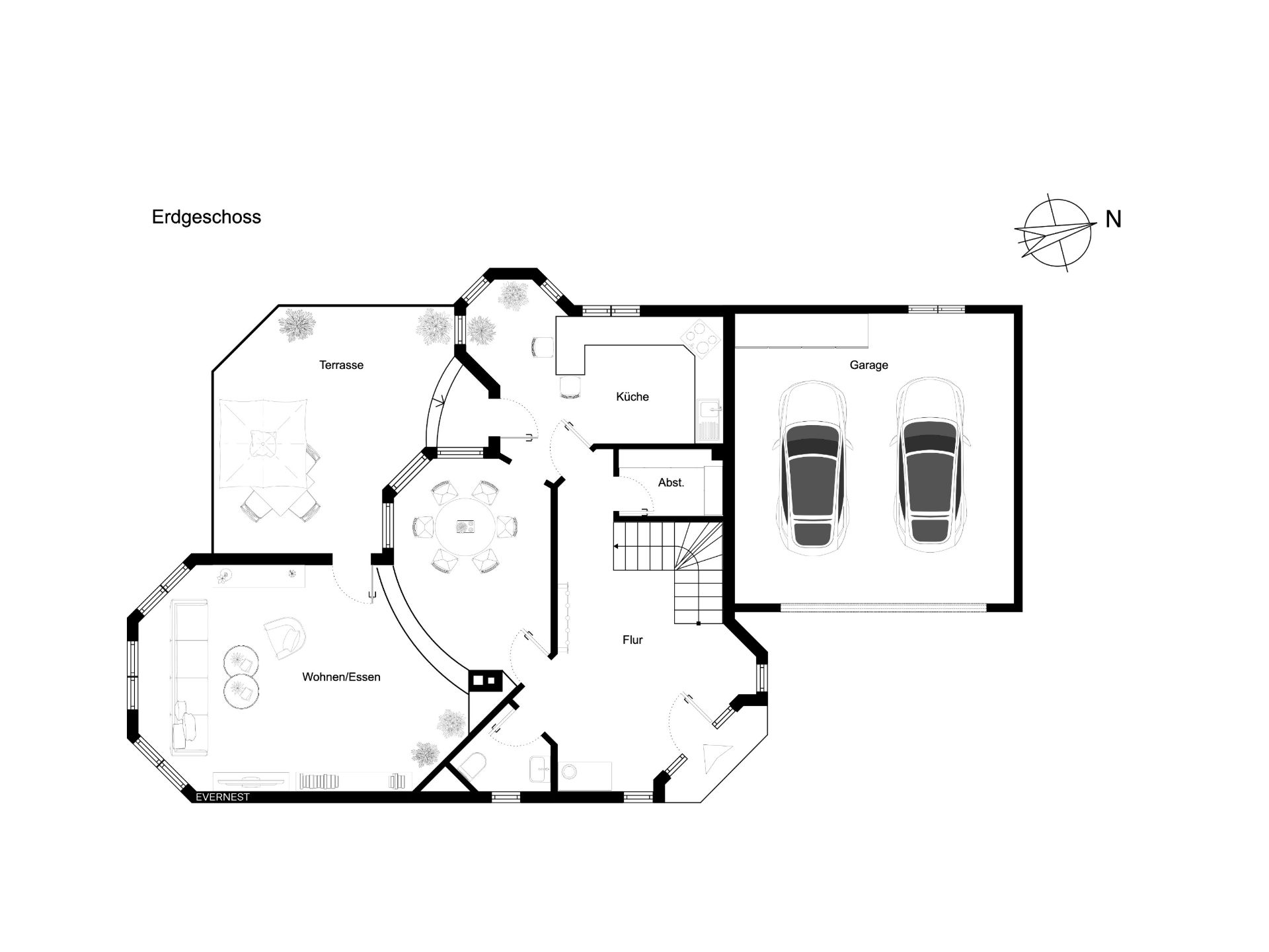 Grundriss des Erdgeschosses mit Garage, Küche, Wohnbereich und Terrasse.