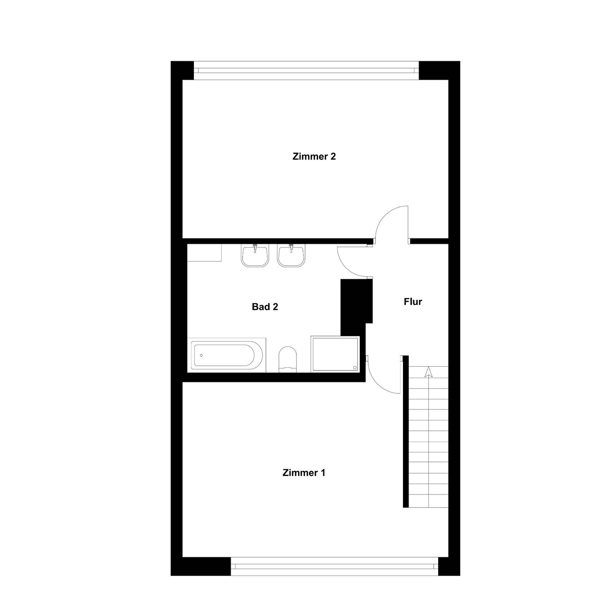 Grundriss mit zwei Zimmern, Flur, Treppe und Badezimmer.